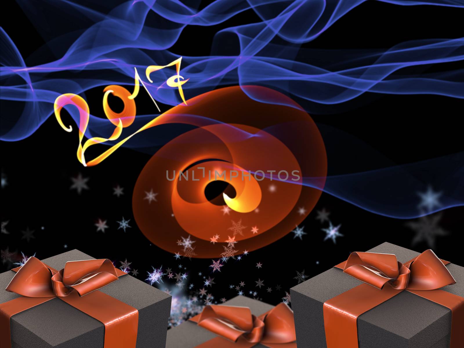 Colorful and striped boxes with gifts tied bows on dark abstract space background with 2017 letteing numbers written by fire. Happy new year 3d illustration by skrotov