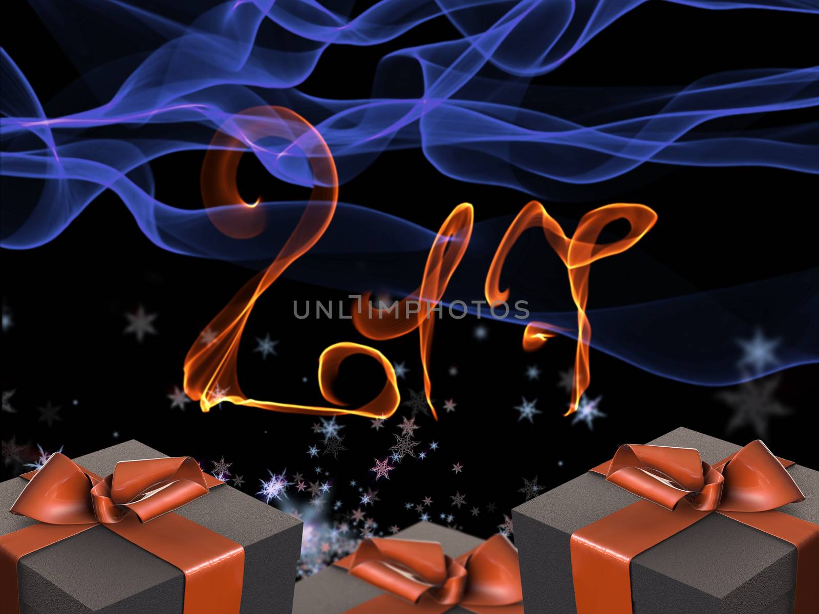 Colorful and striped boxes with gifts tied bows on dark abstract space background with 2017 letteing numbers written by fire. Happy new year 3d illustration by skrotov