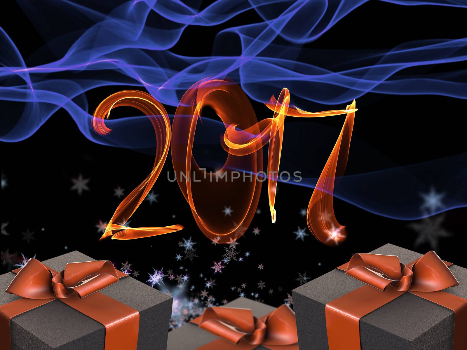 Colorful and striped boxes with gifts tied bows on dark abstract space background with 2017 letteing numbers written by fire. Happy new year 3d illustration by skrotov