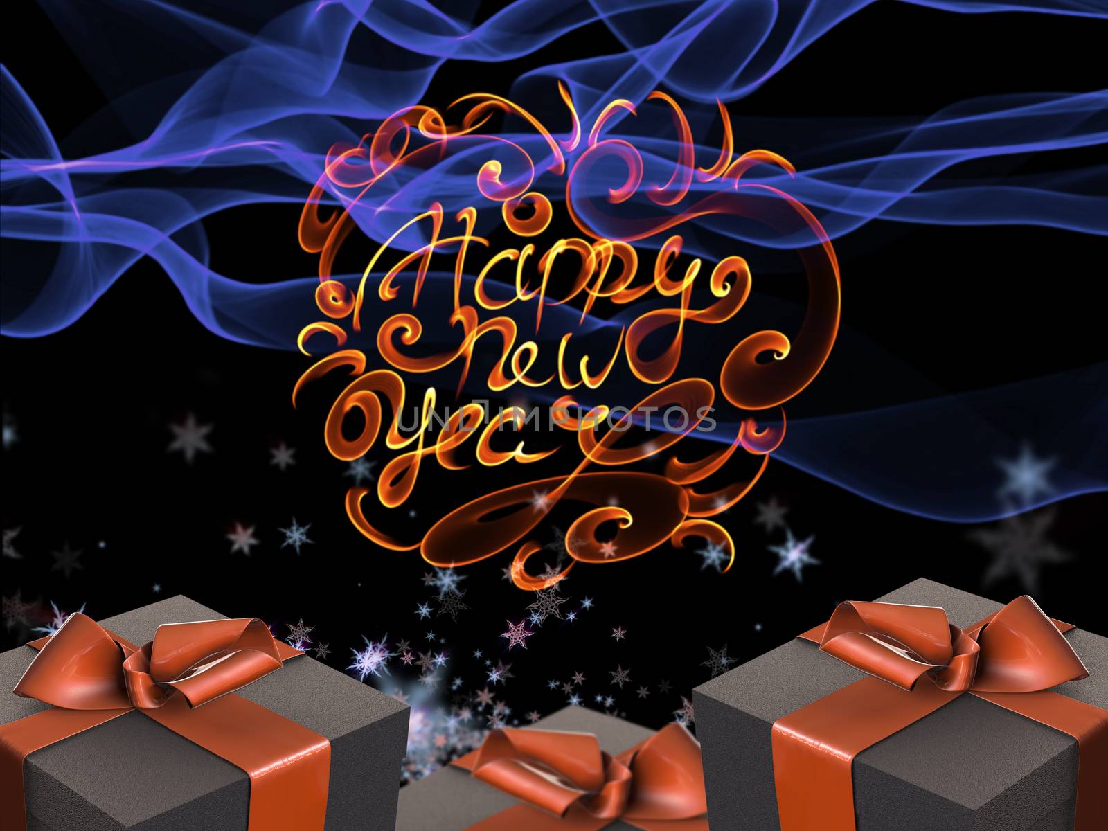 Colorful and striped boxes with gifts tied bows on dark abstract space background with happy new year letteing written by fire. Happy new year 3d illustration by skrotov