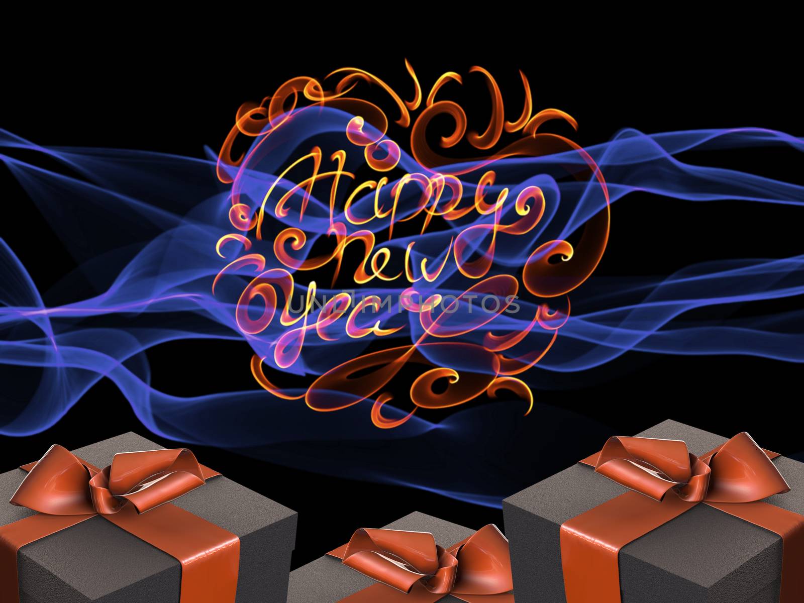 Colorful and striped boxes with gifts tied bows on dark abstract space background with happy new year letteing written by fire. Happy new year 3d illustration by skrotov