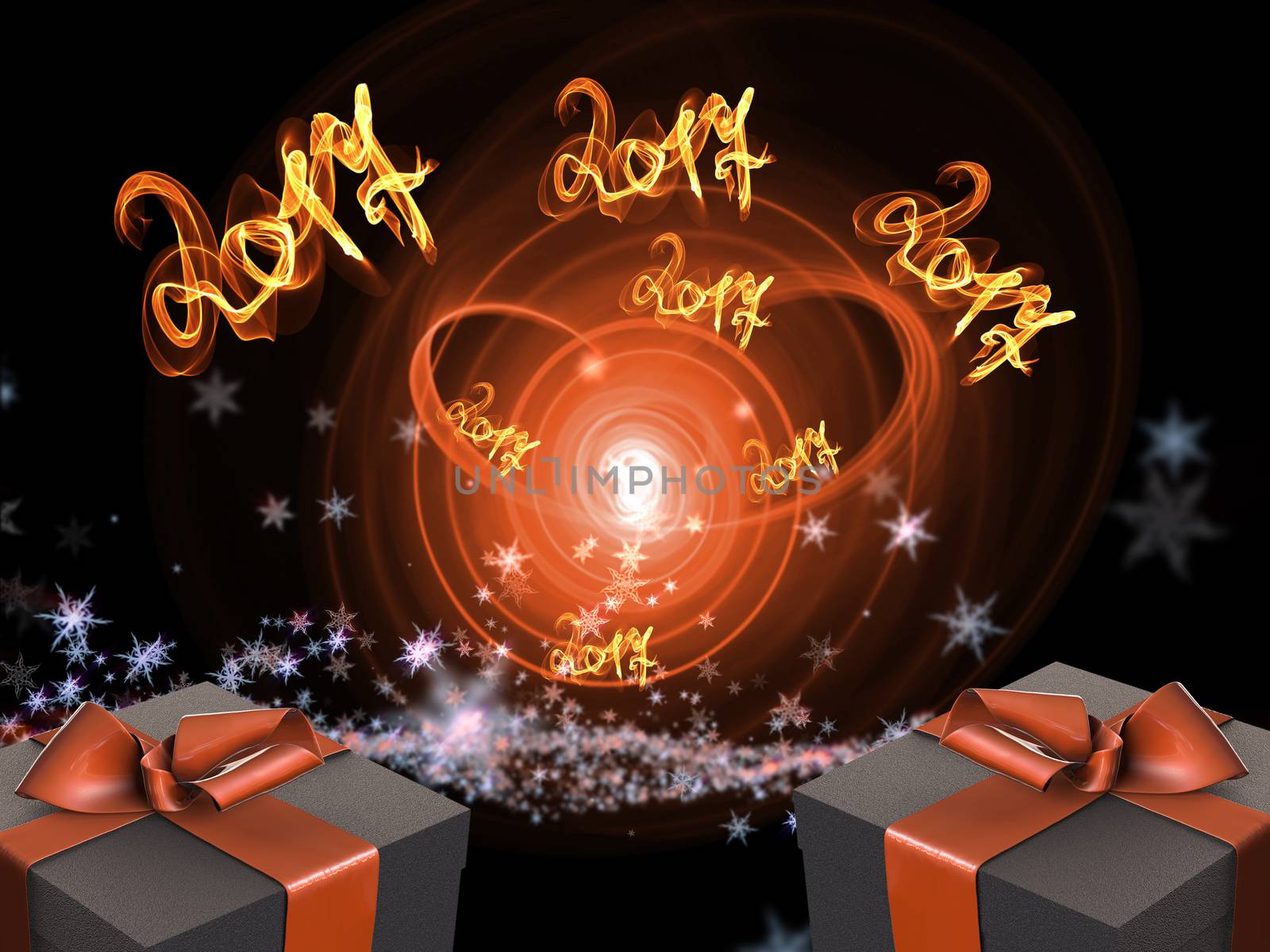 Colorful and striped boxes with gifts tied bows on dark abstract space background with 2017 letteing numbers written by fire. Happy new year 3d illustration by skrotov