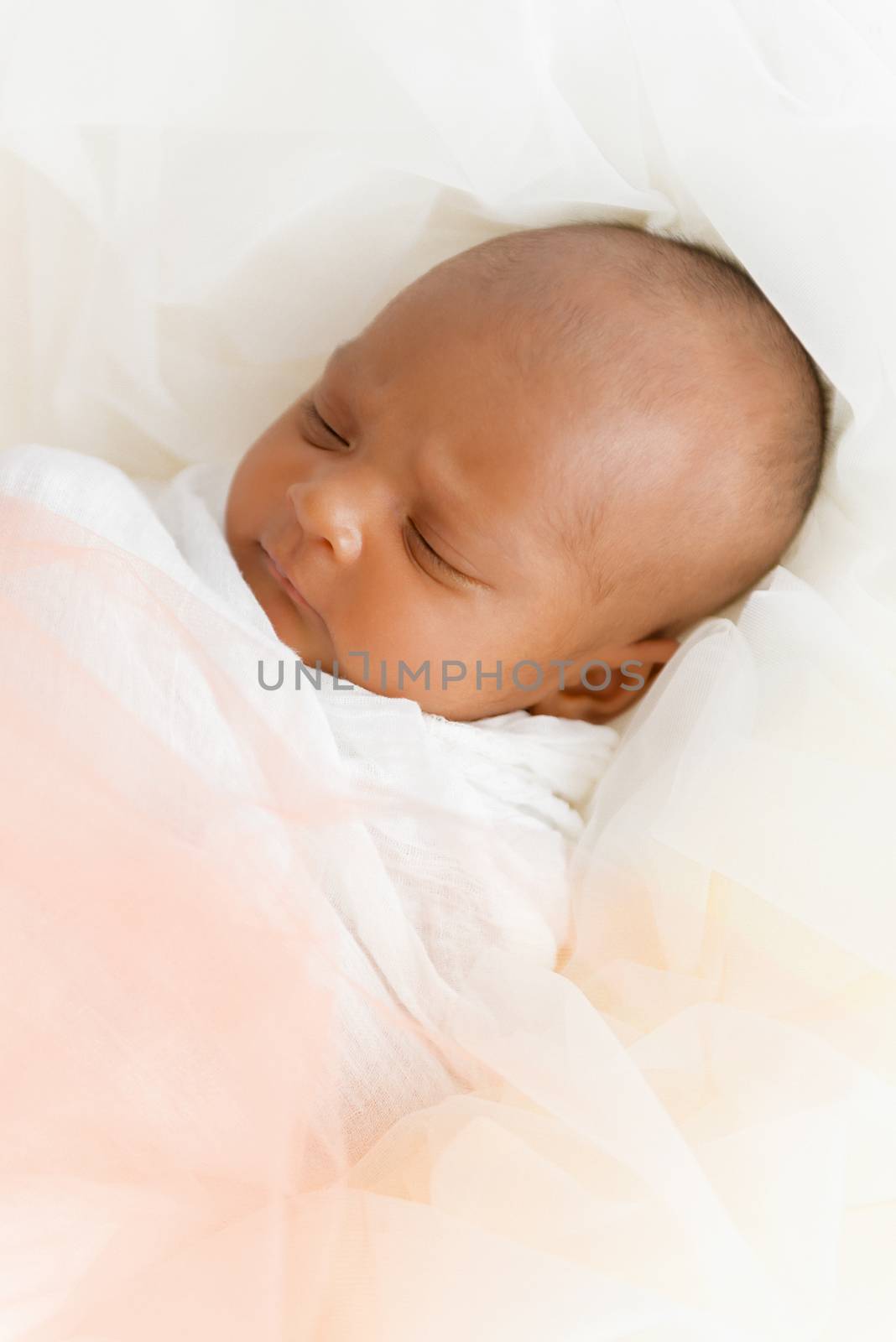 Three weeks old baby sleeping on white blanket cute infant newborn lying down close up shot eyes closed by Altinosmanaj