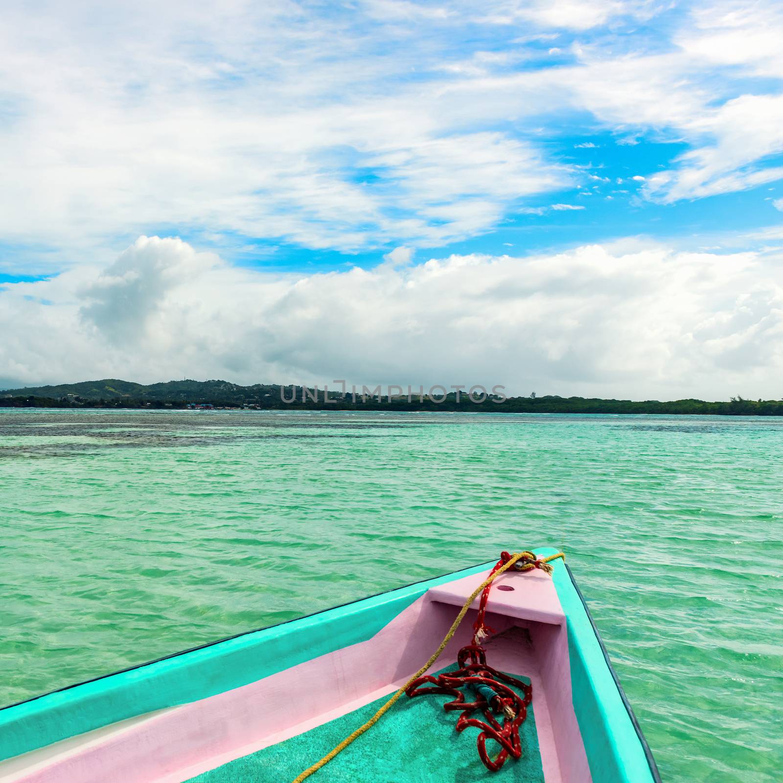 Boat front view of No mans land and nylon pool in Tobago Caribbean Sea