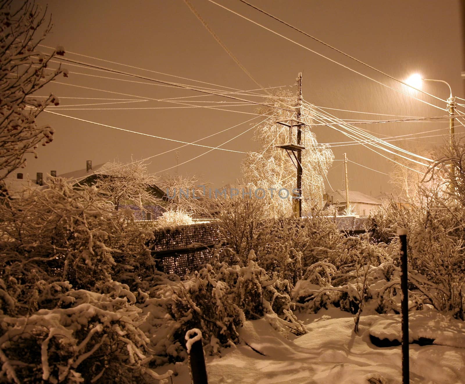 Winter cottages in country landscape at night with glowing lamp light