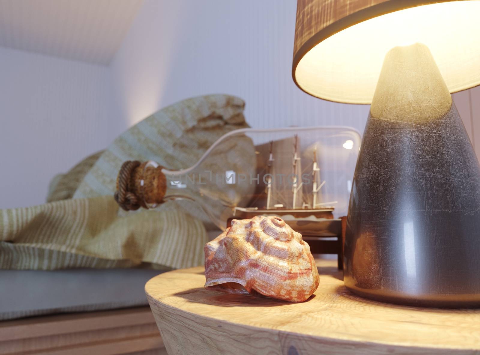 Seashell in interior scene with lamp and ship in the bottle concept photo by denisgo