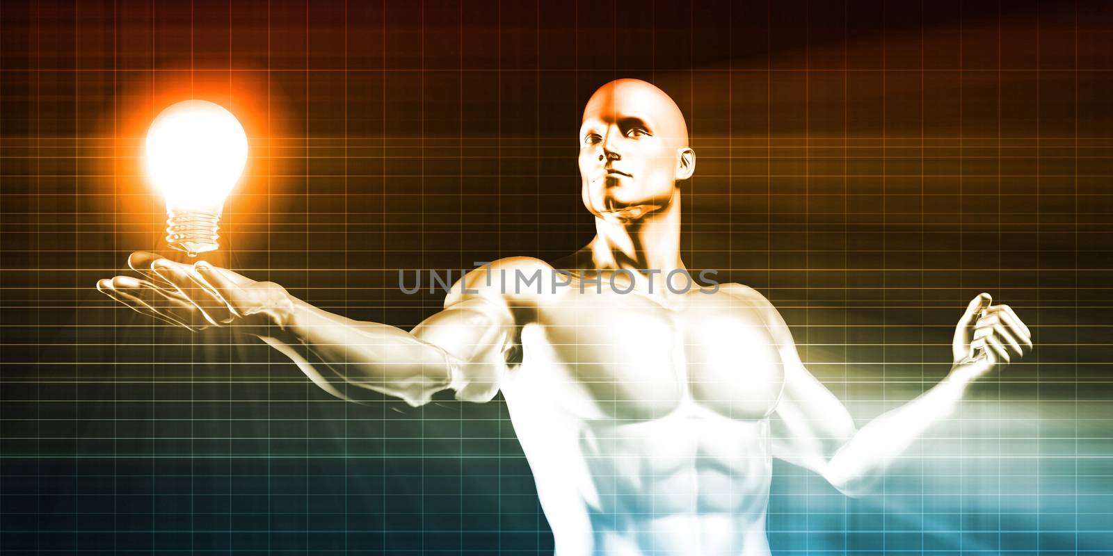 Englightened Man Holding a Light Bulb on Tech Background