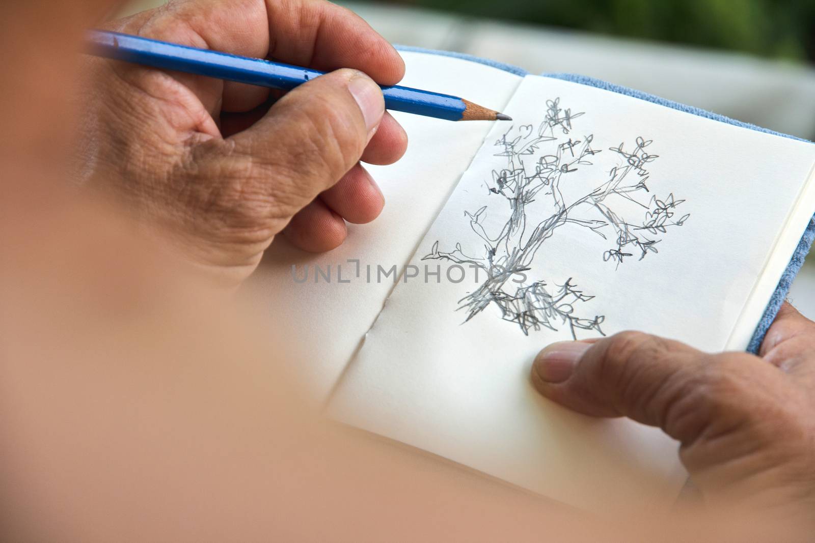 man writing a tree on sketchbook,Environment Conservative concept