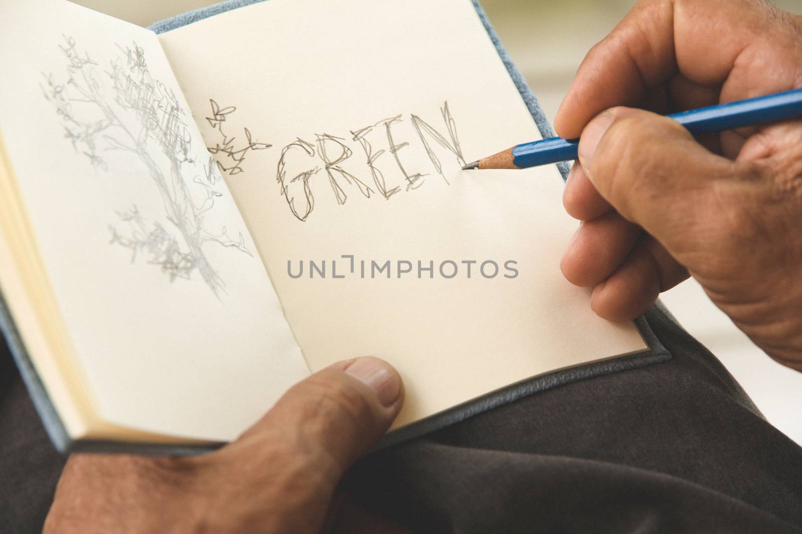 man writing a tree on sketchbook,Environment Conservative concept