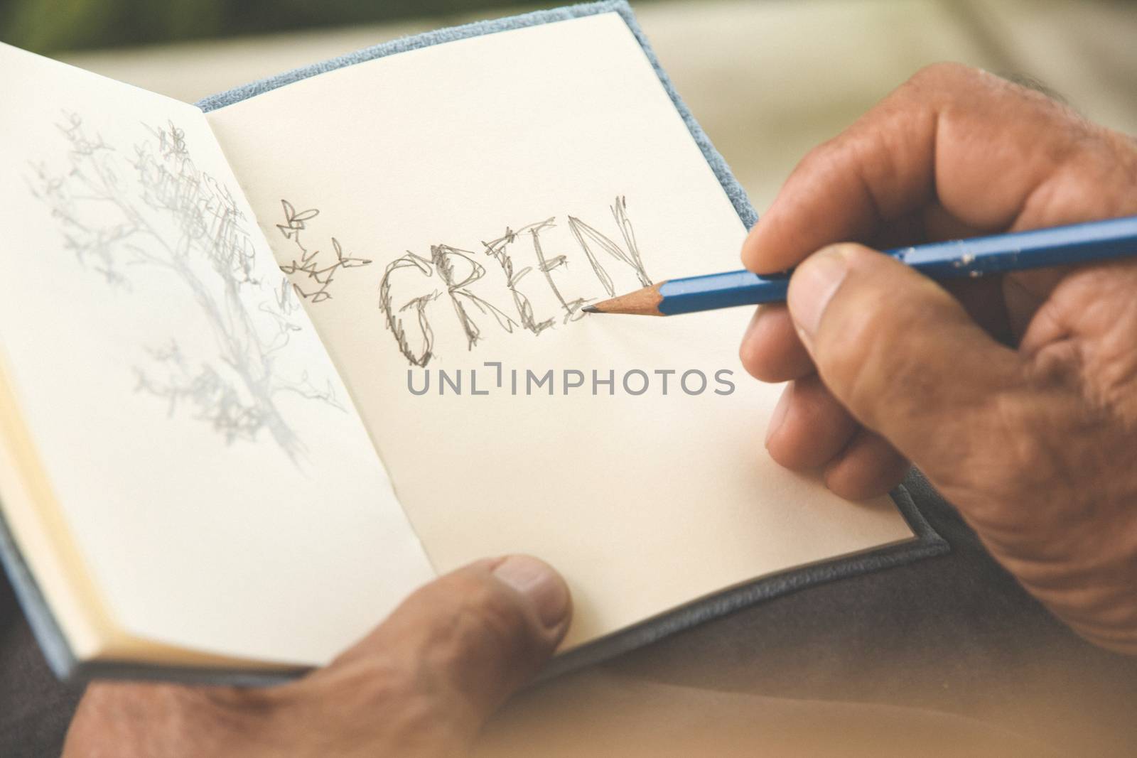 man writing a tree on sketchbook,Environment Conservative concept