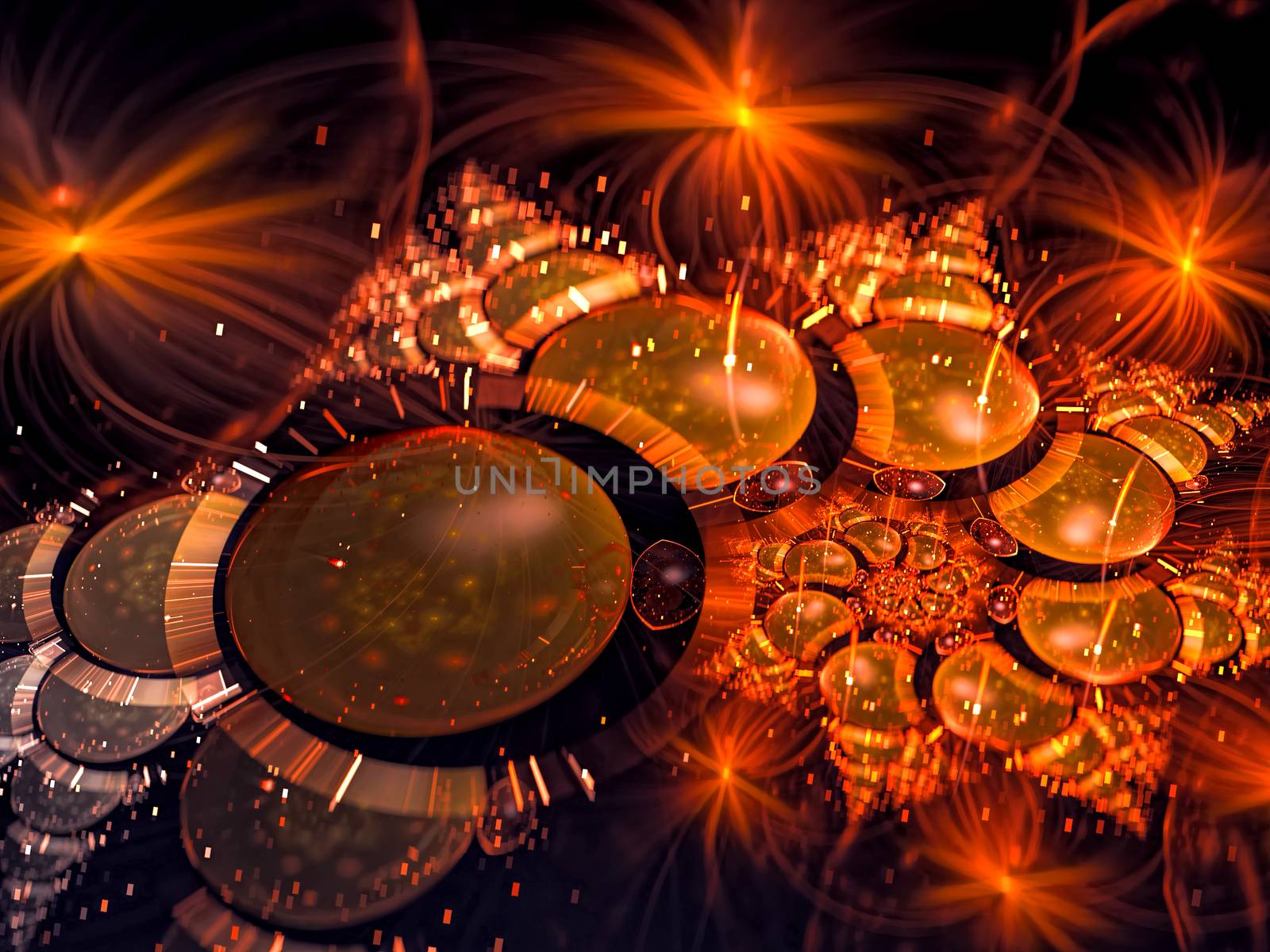Jewelry background -abstract computer-generated image. Fractal art: chaos glossy beads, sparkles and glowing dots. Blurred festive backdrop for covers, posters, web design.