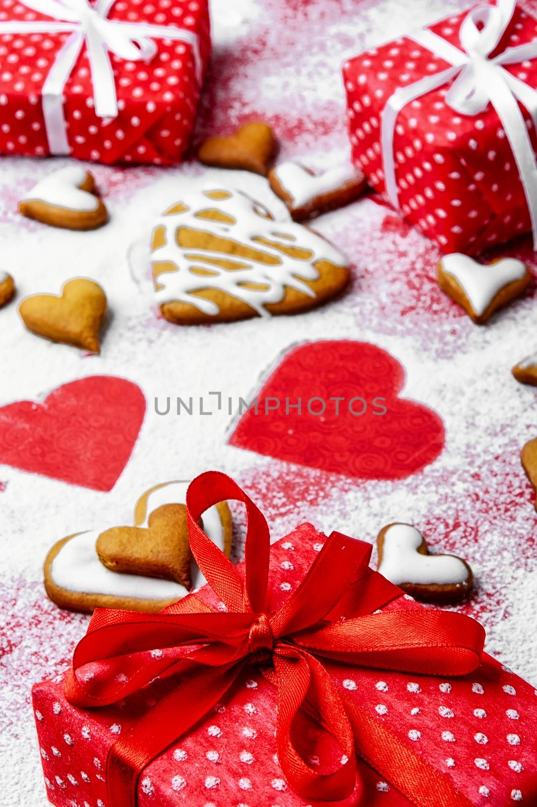 Heart shaped cookies for valentine's day on bright red background