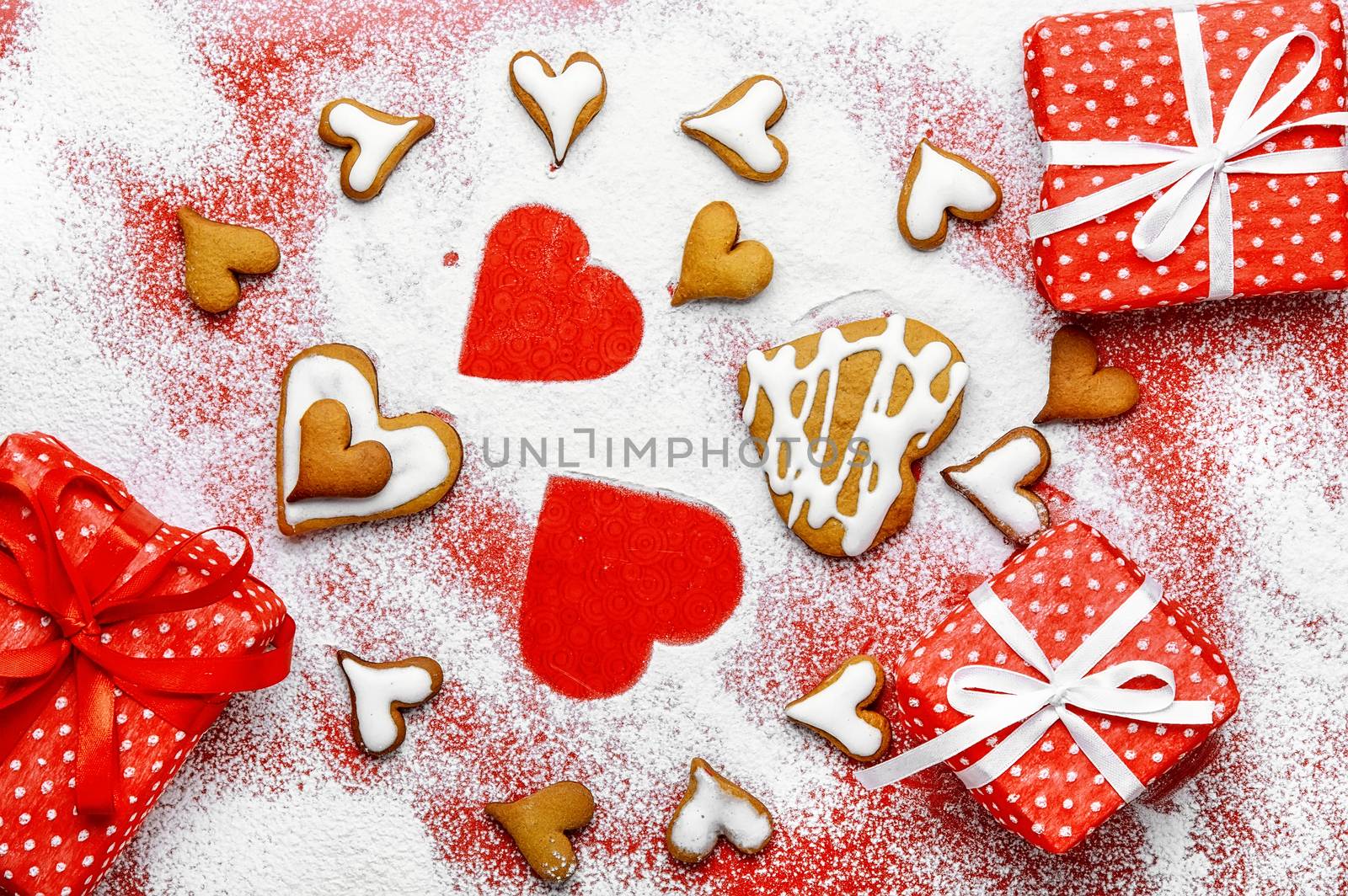 Heart shaped cookies for valentine's day on bright red background