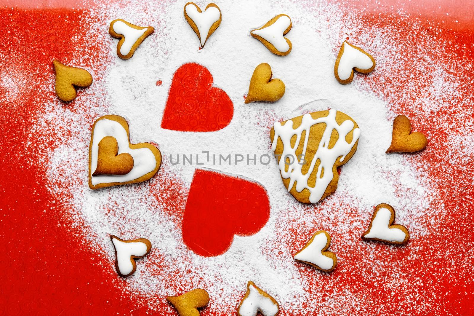 Heart shaped cookies for valentine's day on bright red background