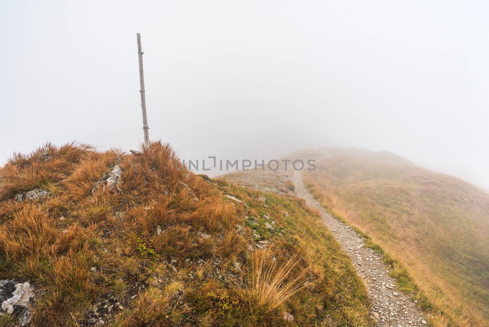 Hiking Trail on the Hill in the Mountains in the Mist