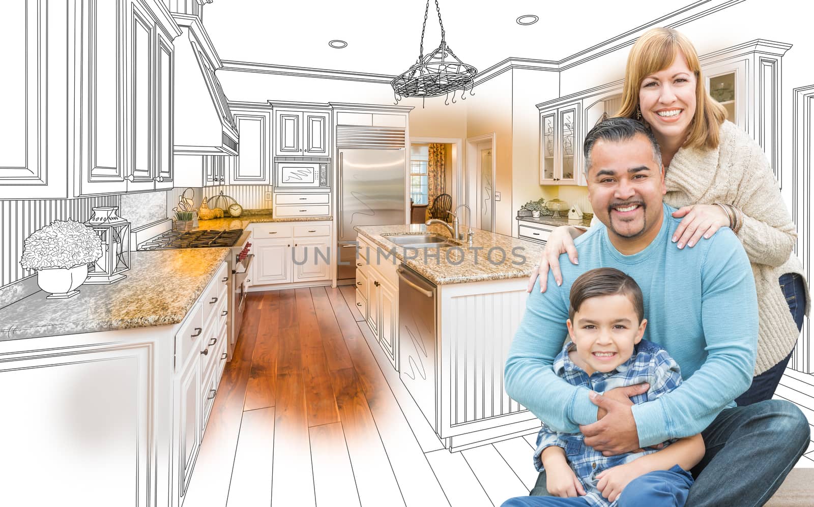 Young Mixed Race Family Over Kitchen Drawing with Photo Combinat by Feverpitched