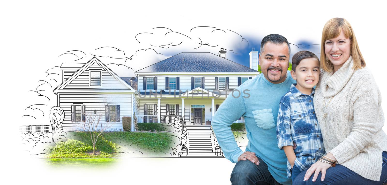 Young Happy Mixed Race Family and Ghosted House Drawing on White.