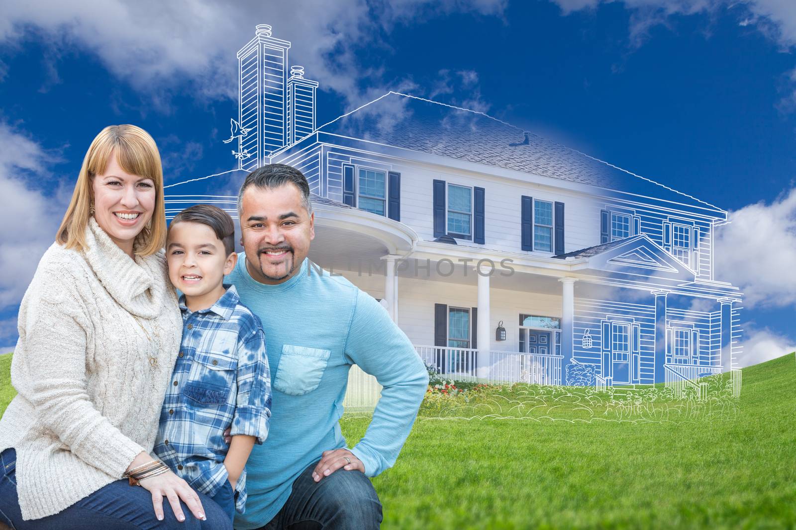 Young Mixed Race Family and Ghosted House Drawing on Grass by Feverpitched