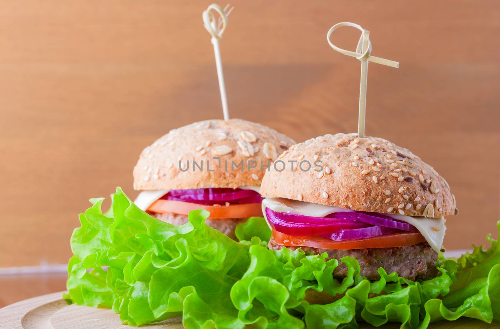 Cheeseburger with tomato, onion and green salad by supercat67