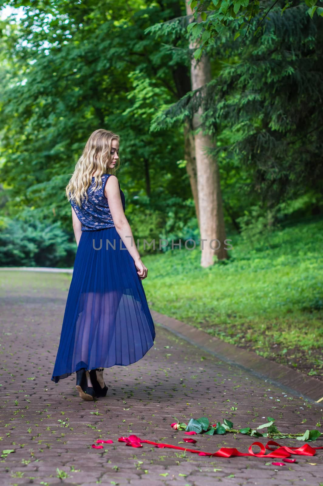 beautiful girl drags rose on the ground in the park