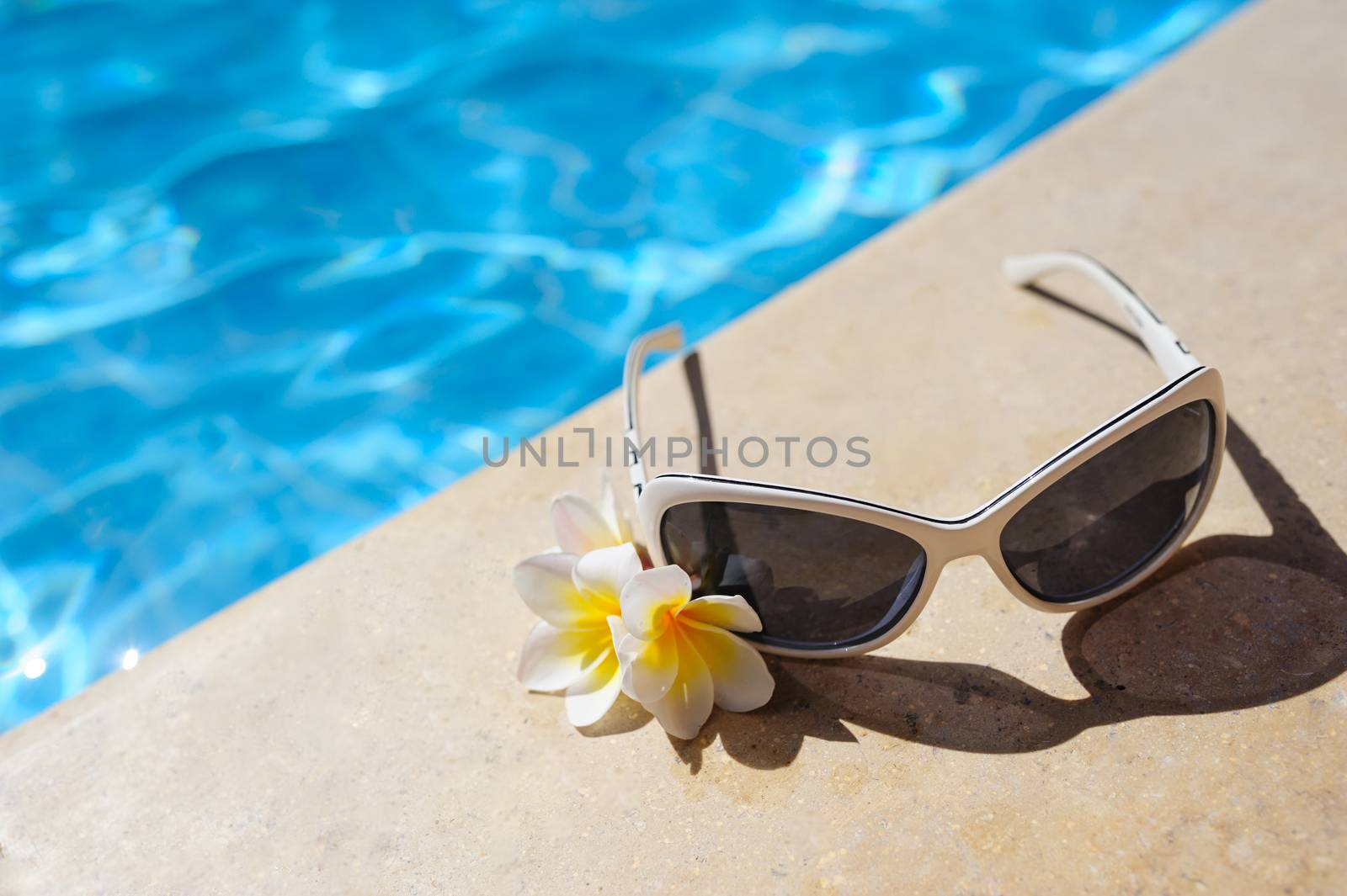sunglasses and white flowers of bougainvillea near pool.