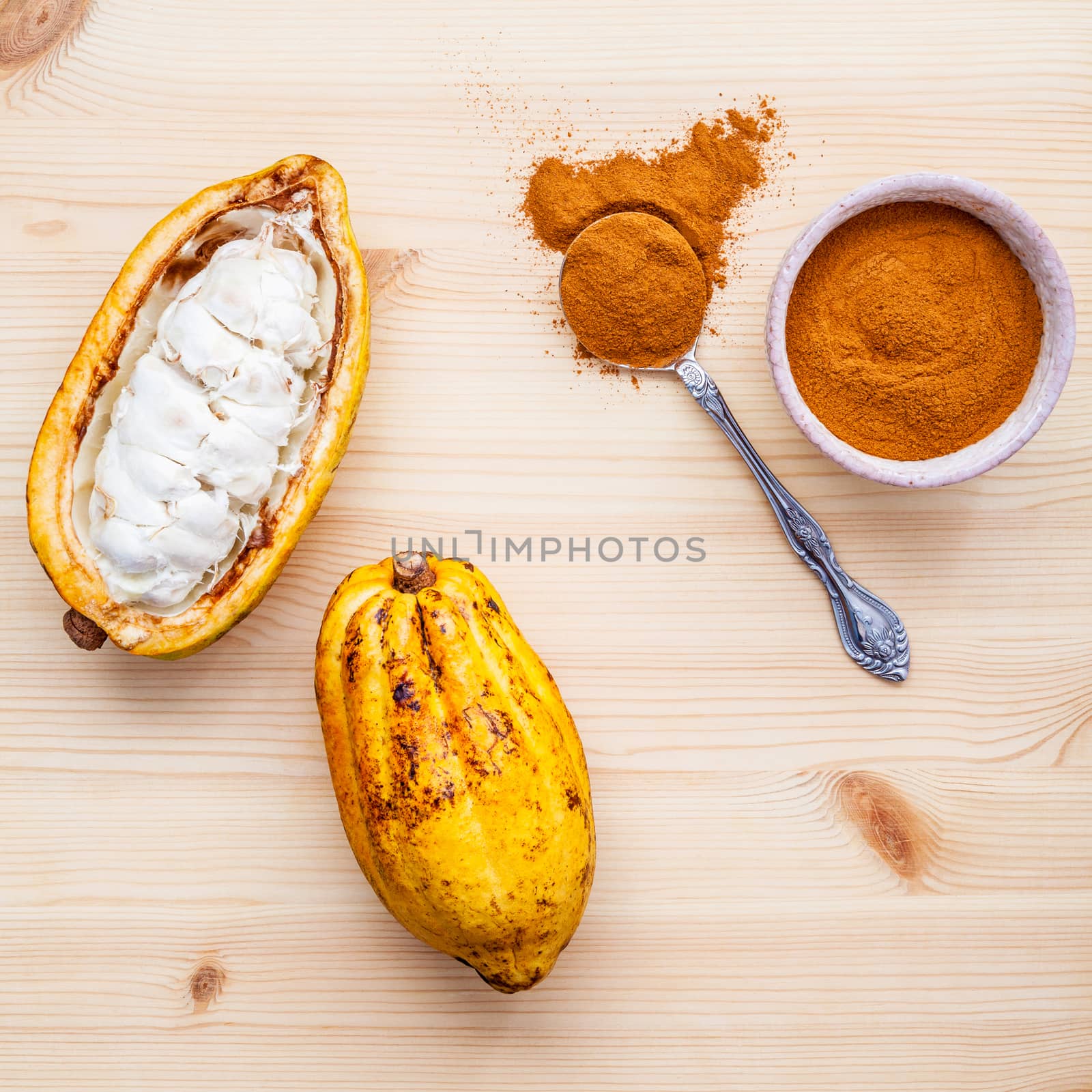 Ripe Indonesia's cocoa  setup on rustic wooden background.