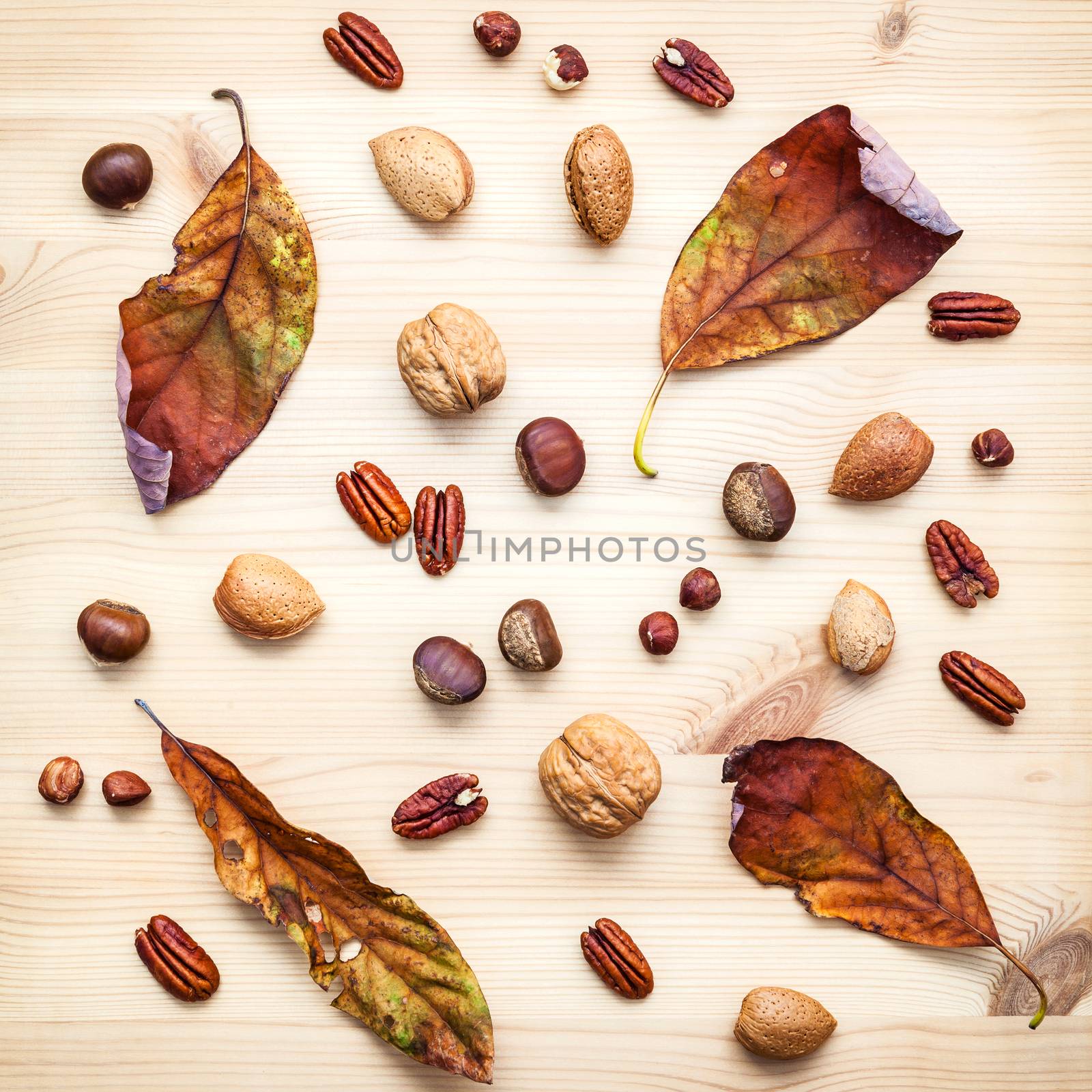 Different kinds of nuts walnuts kernels ,hazelnuts, almond kernels and pecan with dried orange leaves set up on rustic wooden background.