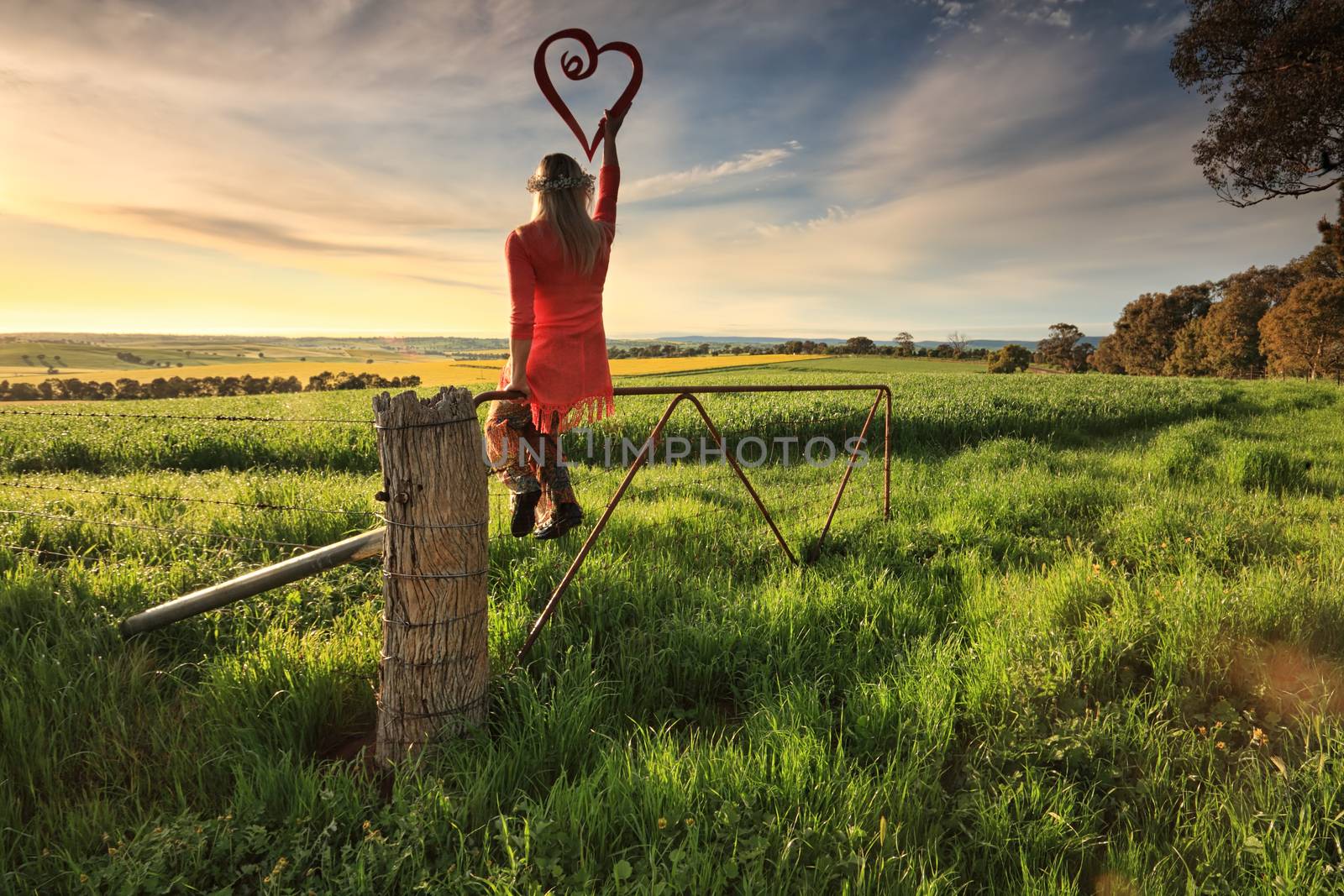 Escape to the Country - female on fence with love heart in morni by lovleah