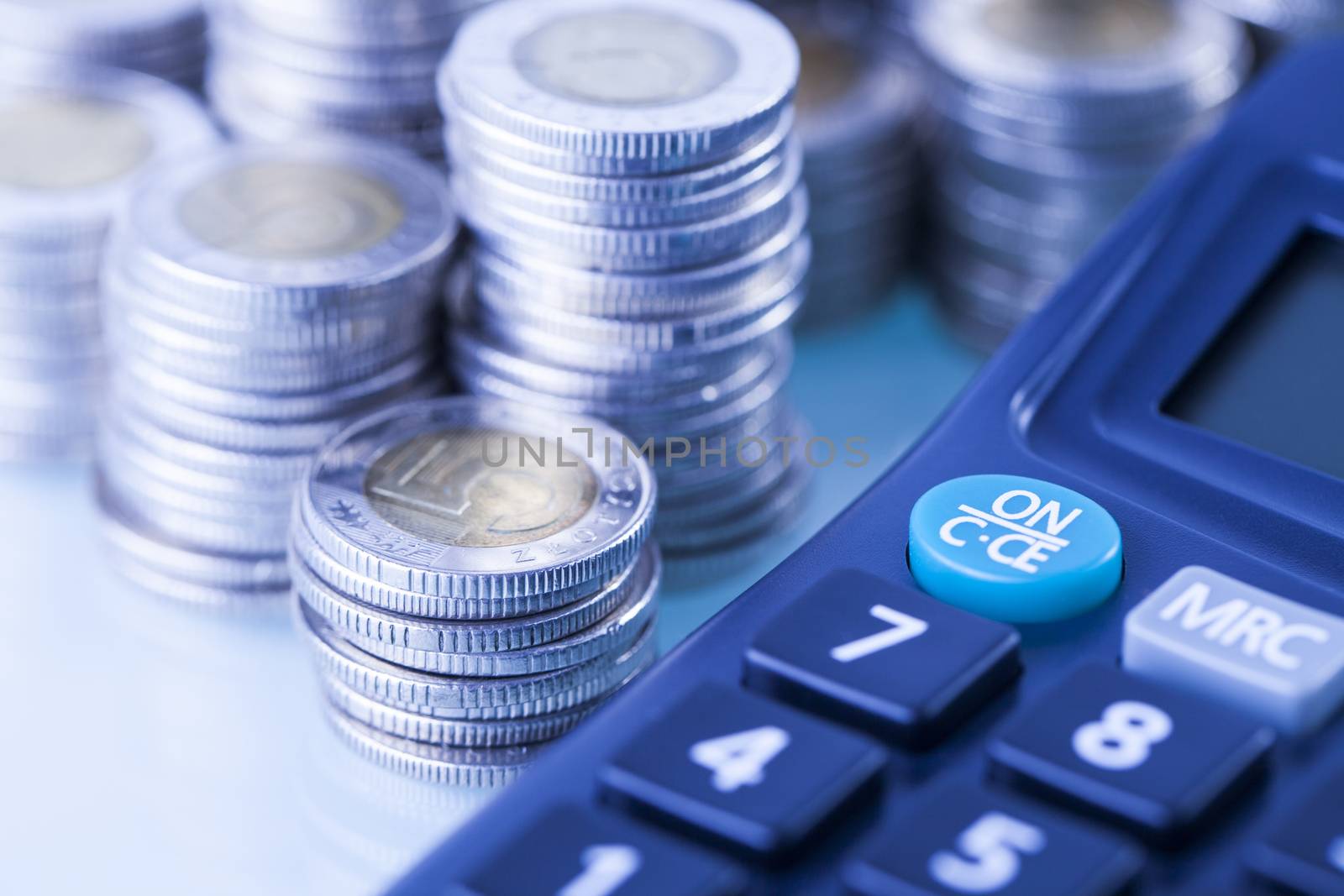 counting income, pile of money, calculator in white background