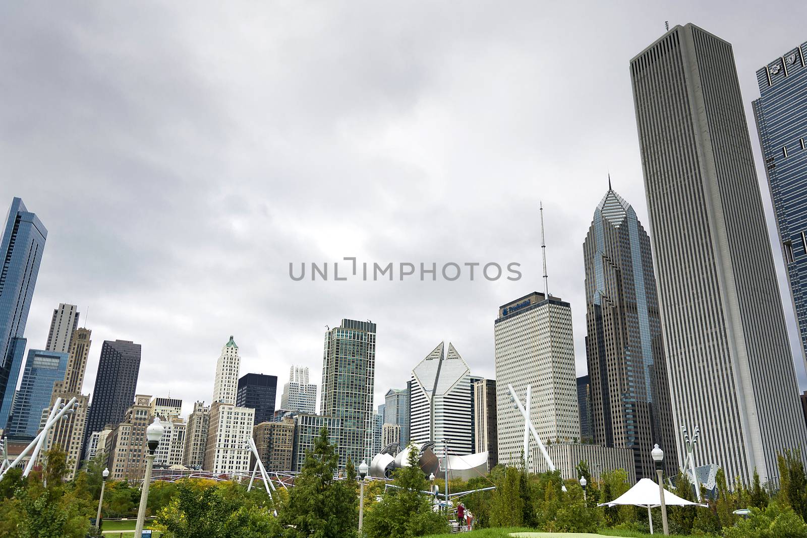 Chicago, IL, USA, october 27, 2016: A view of Chicago skyline and tall buildings in a cloudy day full with fog