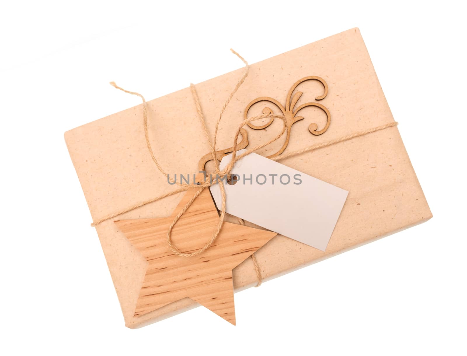 kraft paper gift box with a label on a white background.