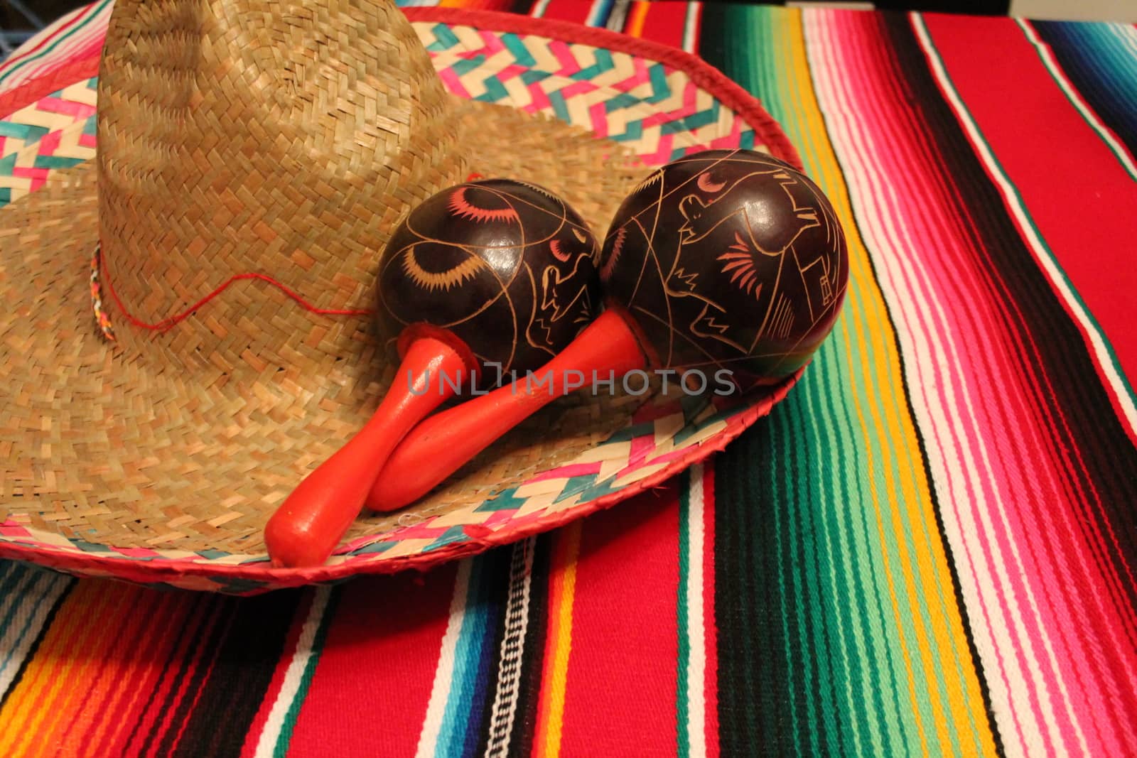 Mexico poncho sombrero maracas background fiesta cinco de mayo decoration bunting flags