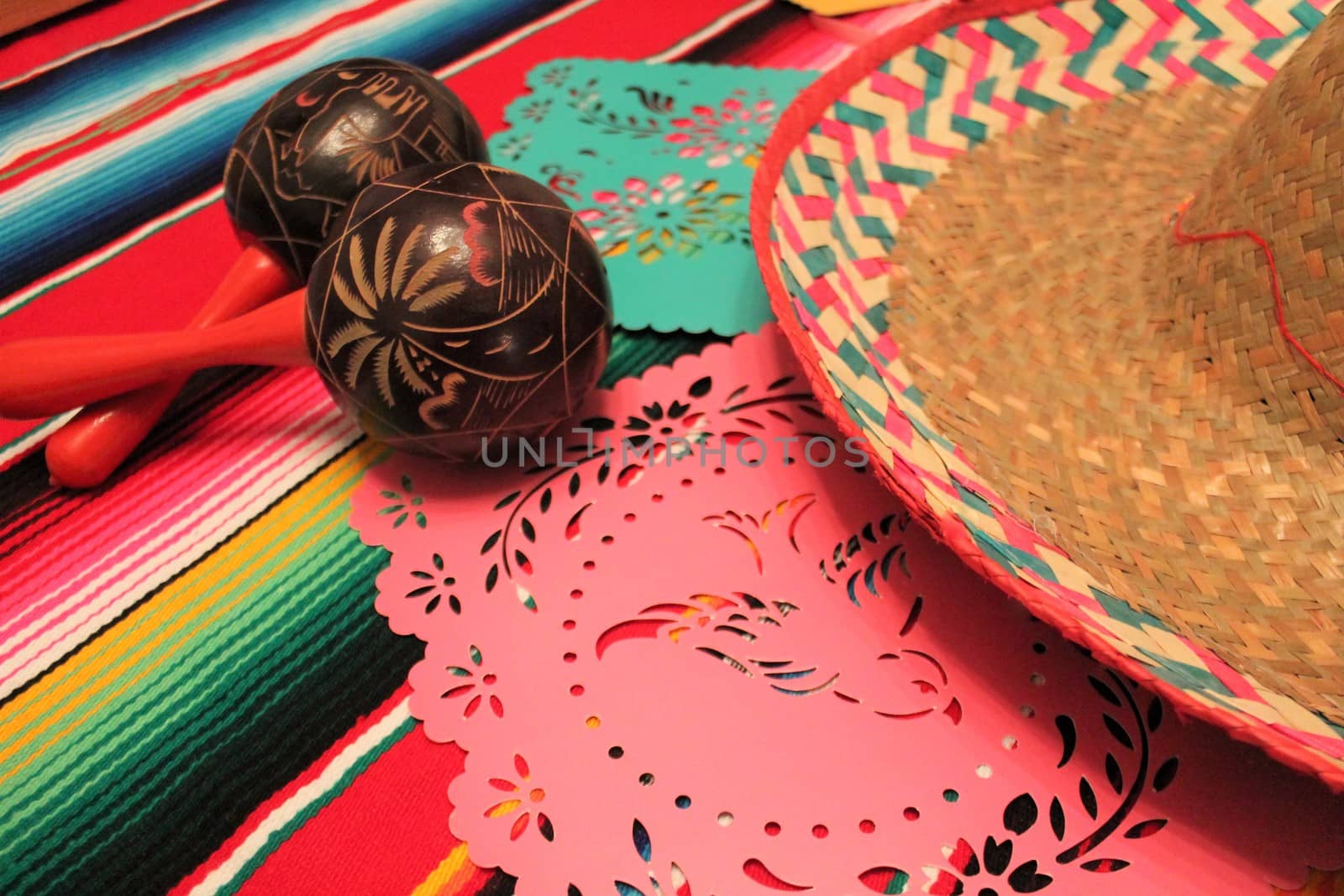 Mexico poncho sombrero maracas background fiesta cinco de mayo decoration bunting flags