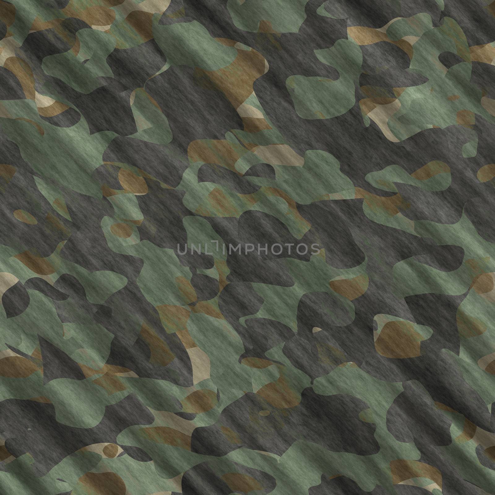 Camouflage pattern background seamless illustration. Classic clothing style masking camo repeat print. Green brown black olive colors forest texture.