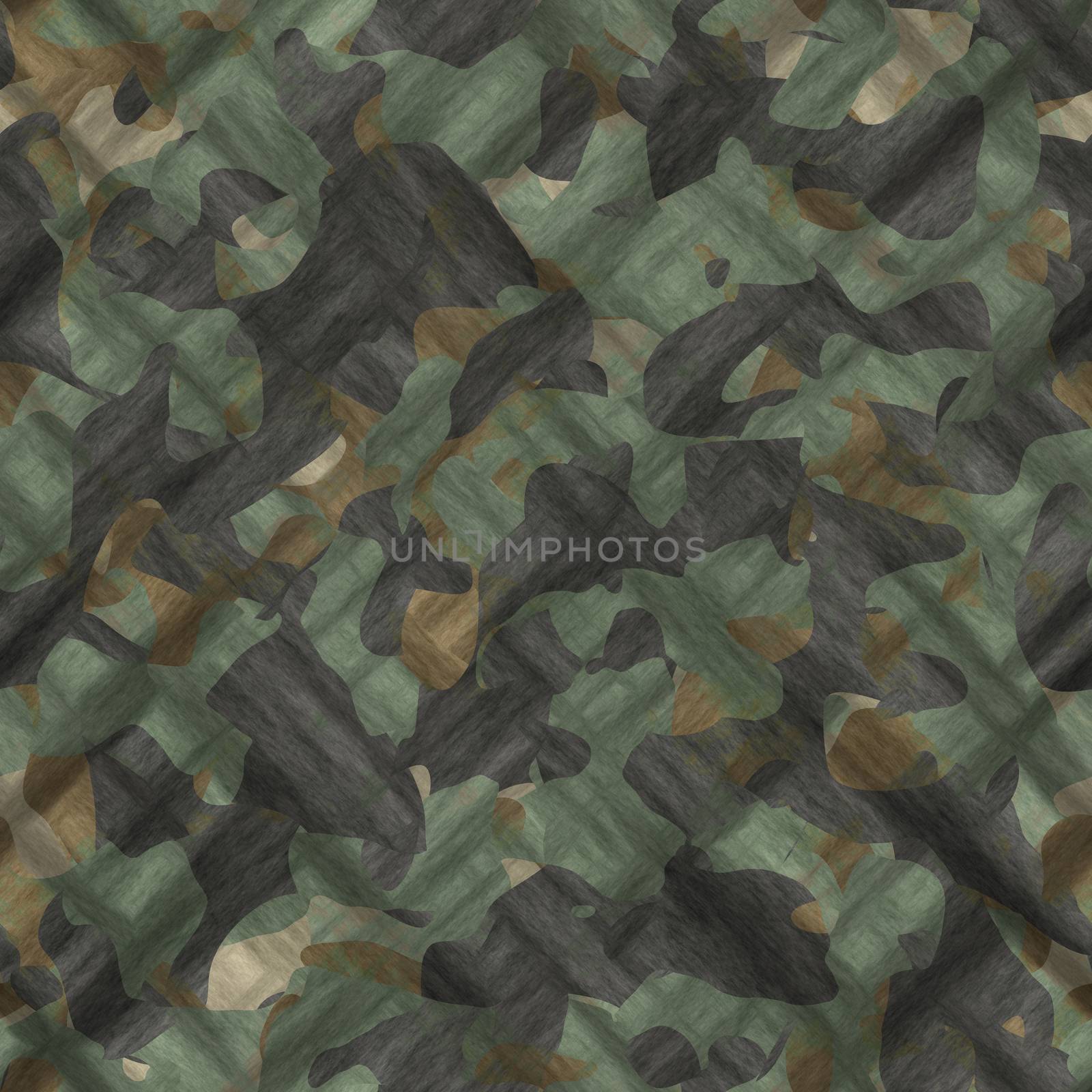 Camouflage pattern background seamless illustration. Classic clothing style masking camo repeat print. Green brown black olive colors forest texture by skrotov