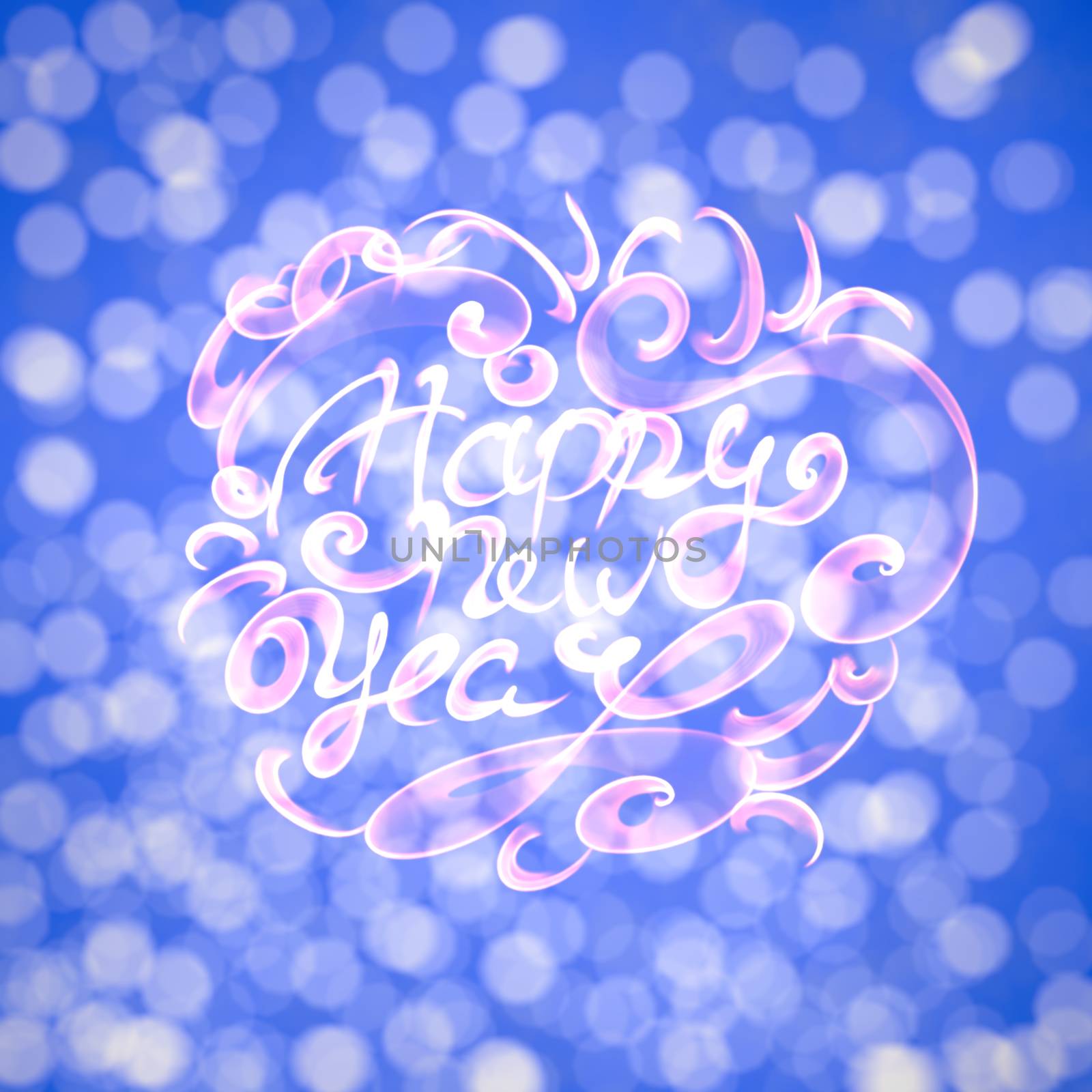 Happy new year isolated words lettering written with fire flame or smoke on blurred light bokeh background by skrotov