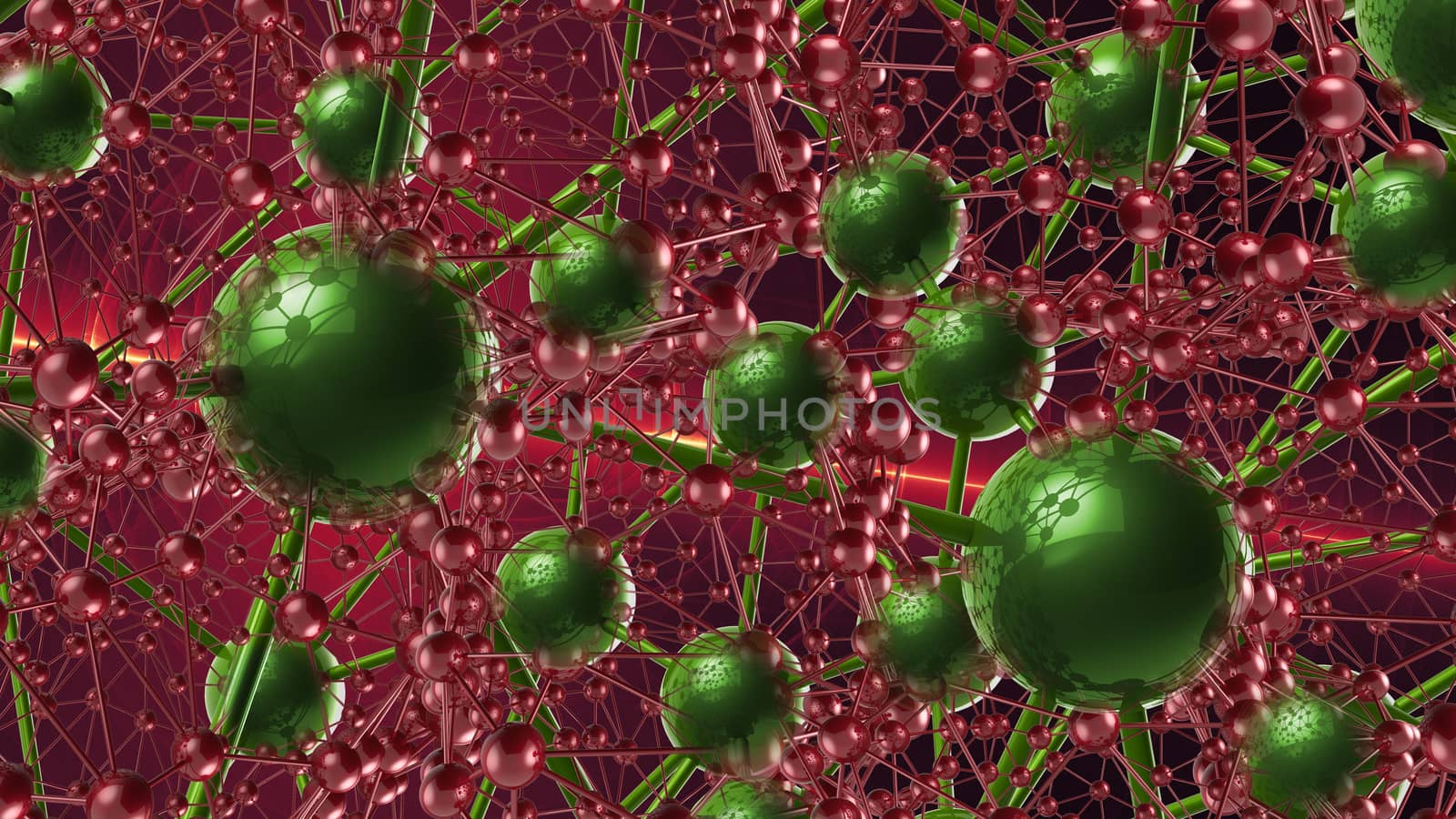 red and green Molecular geometric chaos abstract structure. Science technology network connection hi-tech background 3d rendering illustration by skrotov