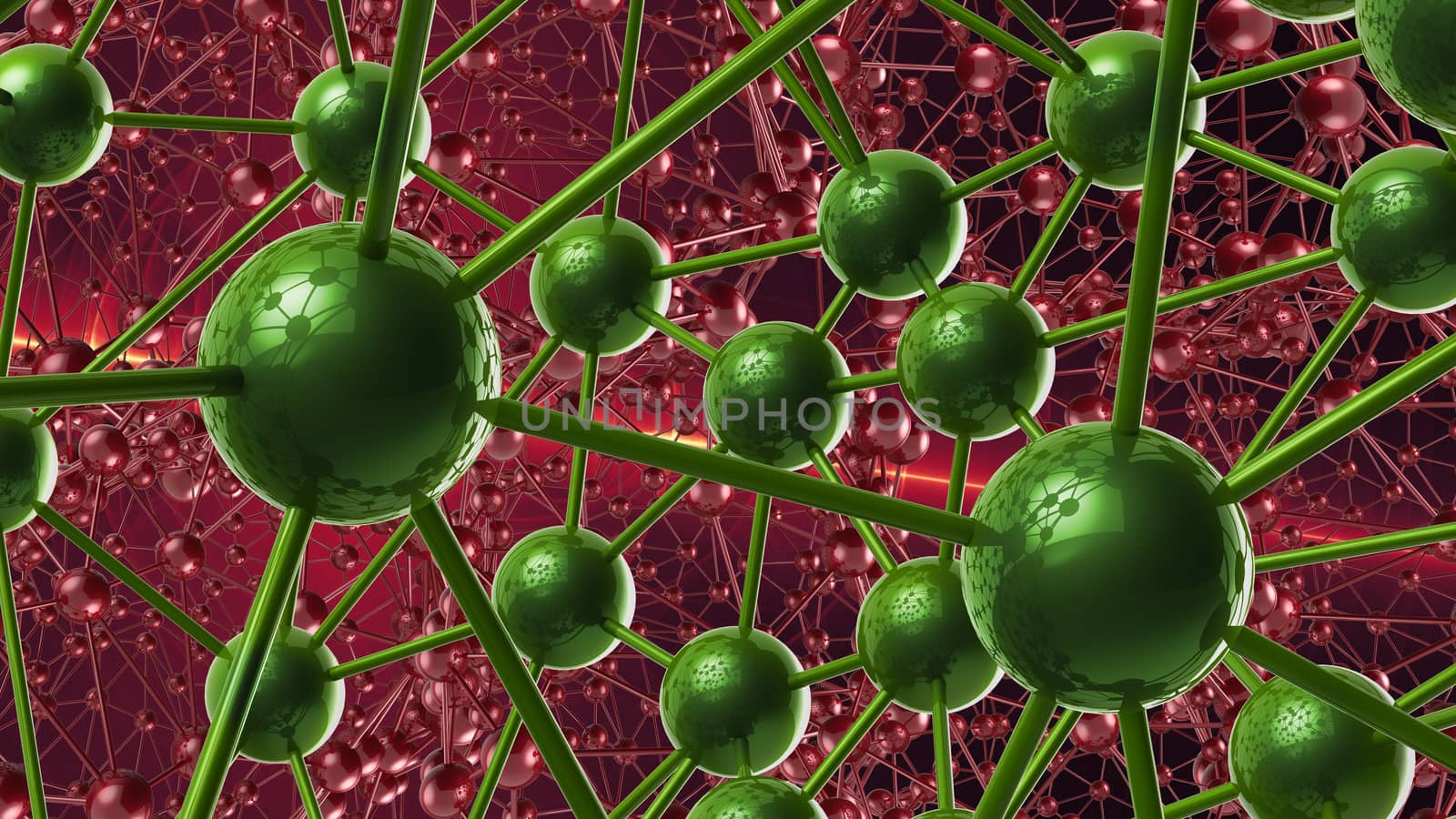 red and green Molecular geometric chaos abstract structure. Science technology network connection hi-tech background 3d rendering illustration by skrotov