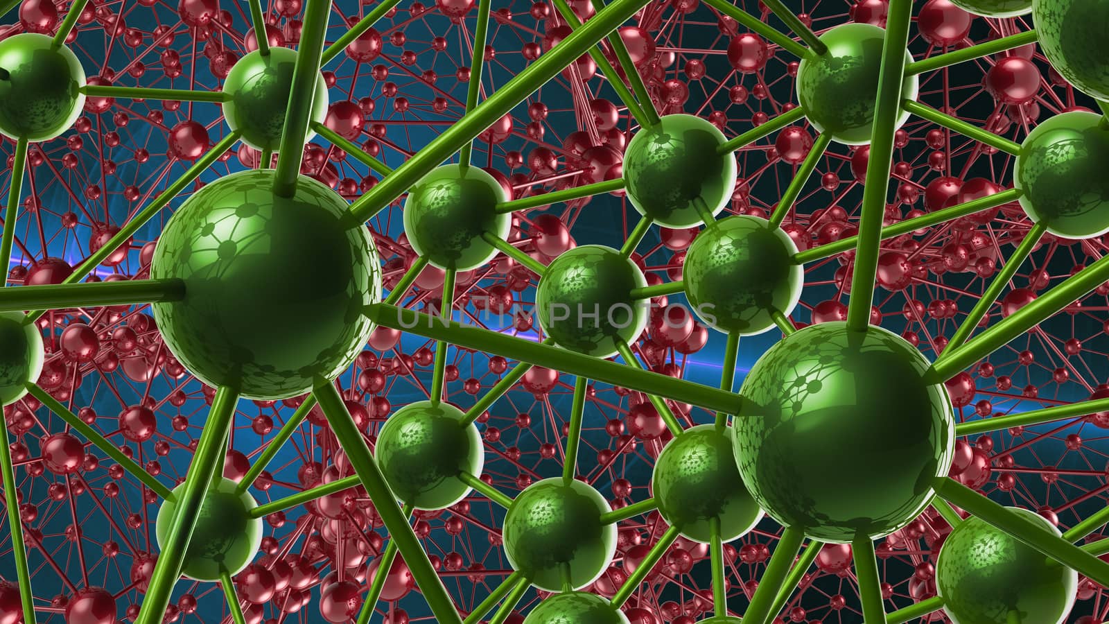 red and green Molecular geometric chaos abstract structure. Science technology network connection hi-tech background 3d rendering illustration.