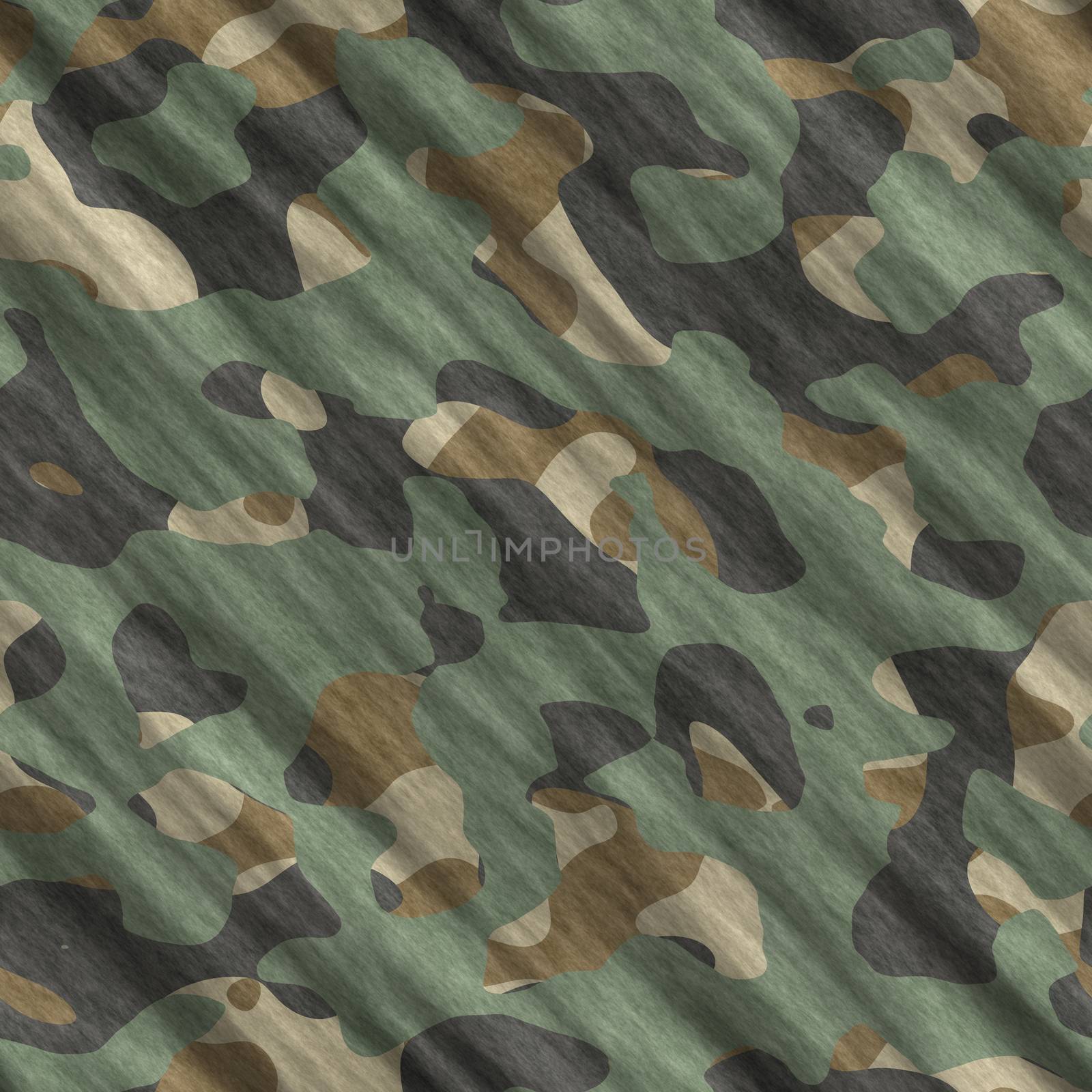 Camouflage pattern background seamless illustration. Classic clothing style masking camo repeat print. Green brown black olive colors forest texture.