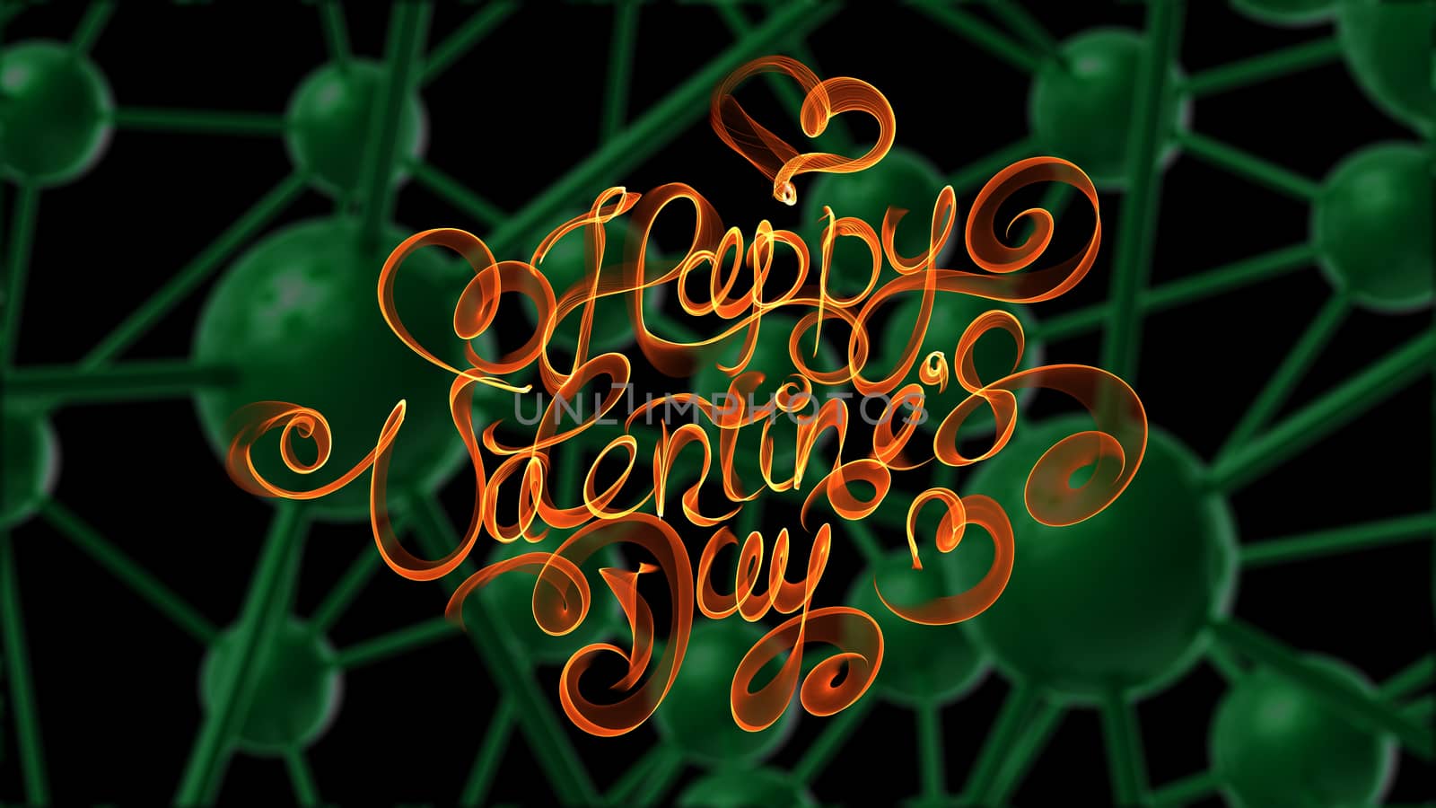 Happy Valentines day vintage lettering written by fire or orange smoke over green molecular background. 3d illustration by skrotov