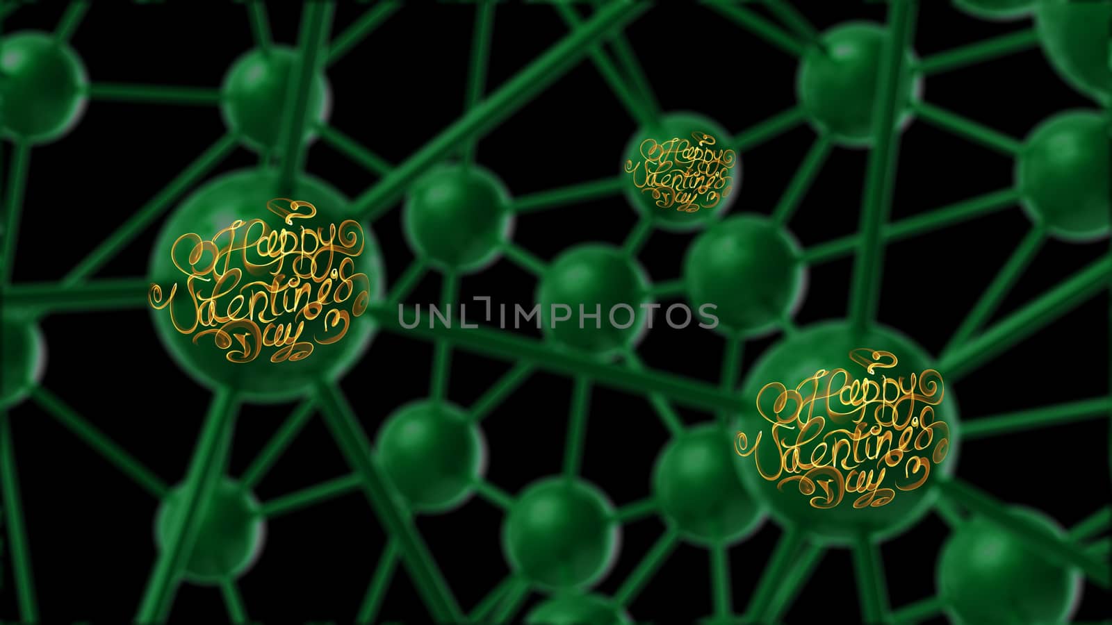 Happy Valentines day vintage lettering written by fire or orange smoke over green molecular background. 3d illustration.