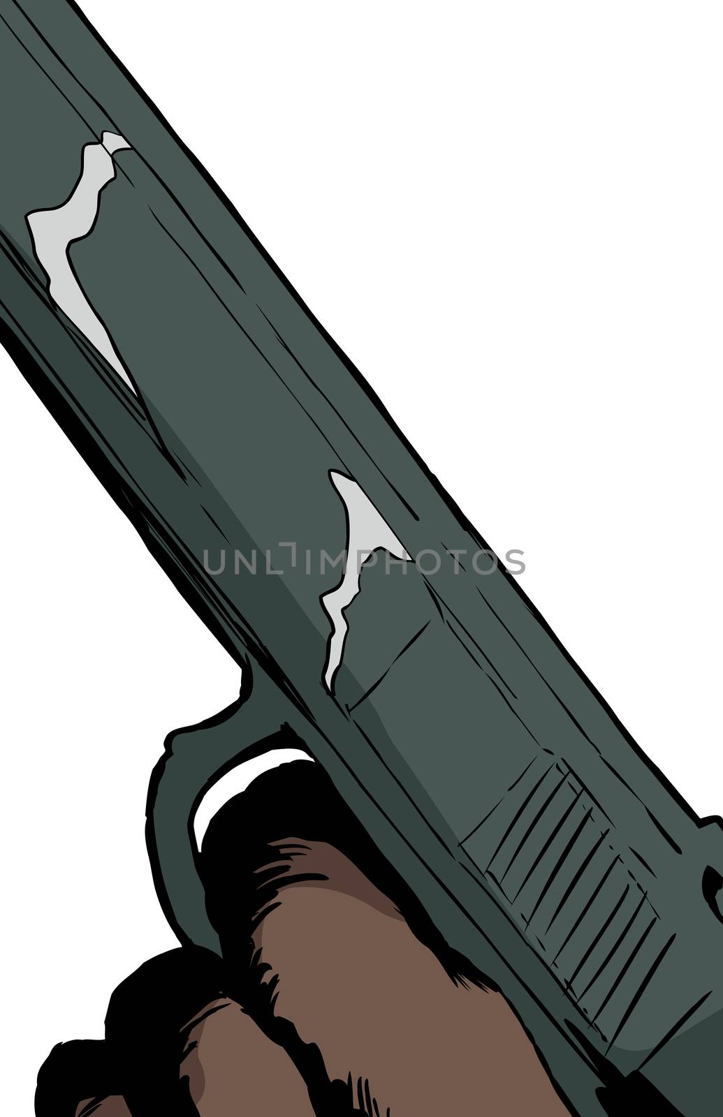 Illustration of close up on finger in trigger of automatic pistol