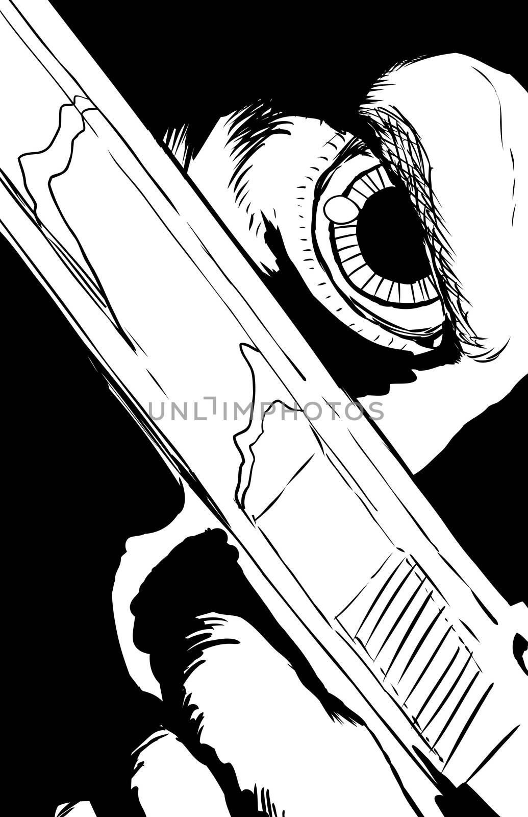 Outlined illustration of extreme close up on obscured face holding pistol under eye