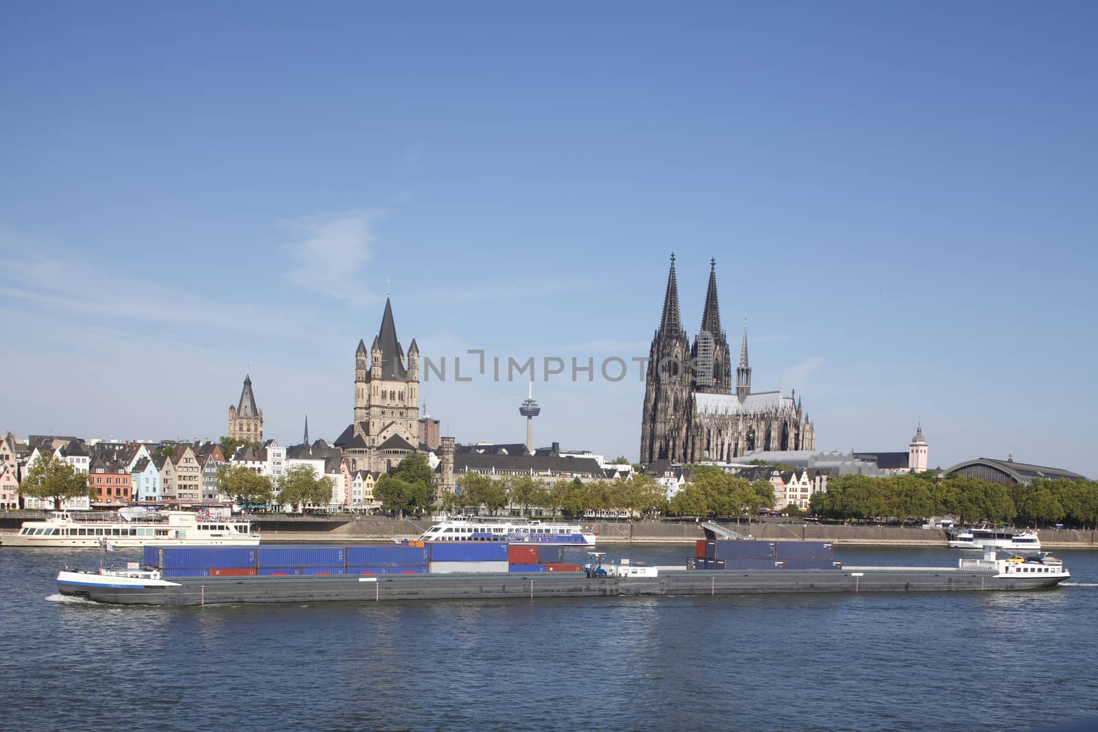 Church Gross Sankt Martin with Cathedral and River Rhine, Cologne, Germany