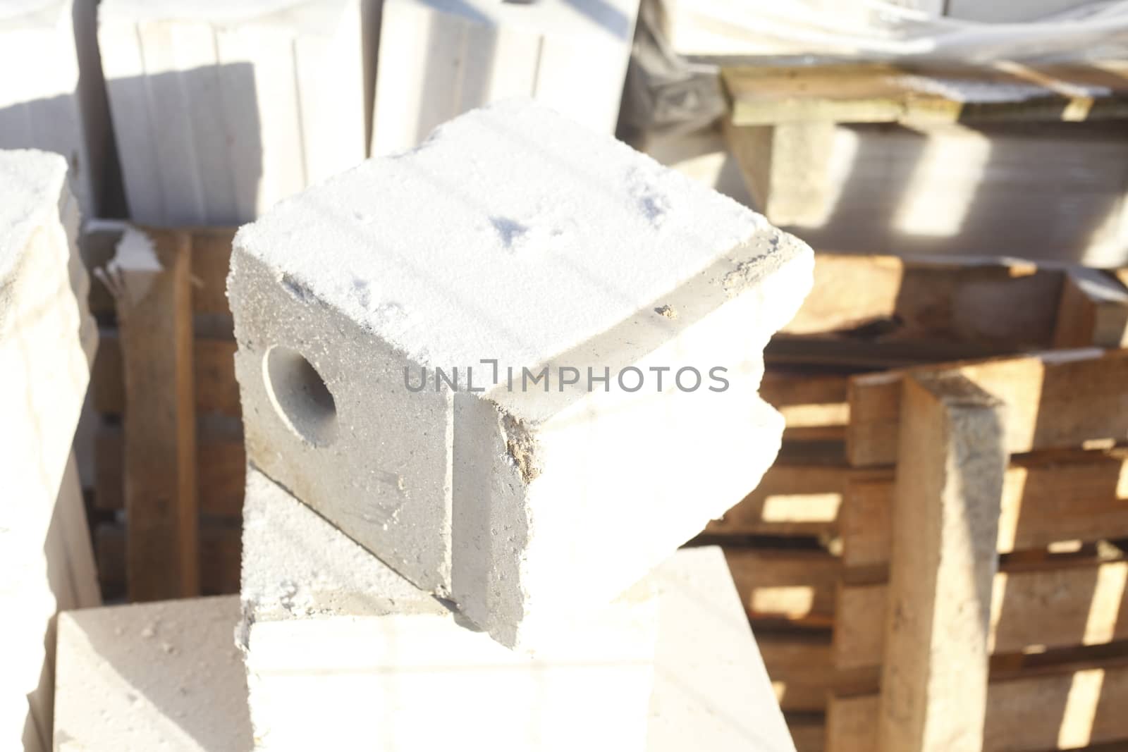 with hoarafrost coated white Building Stone on a construction site