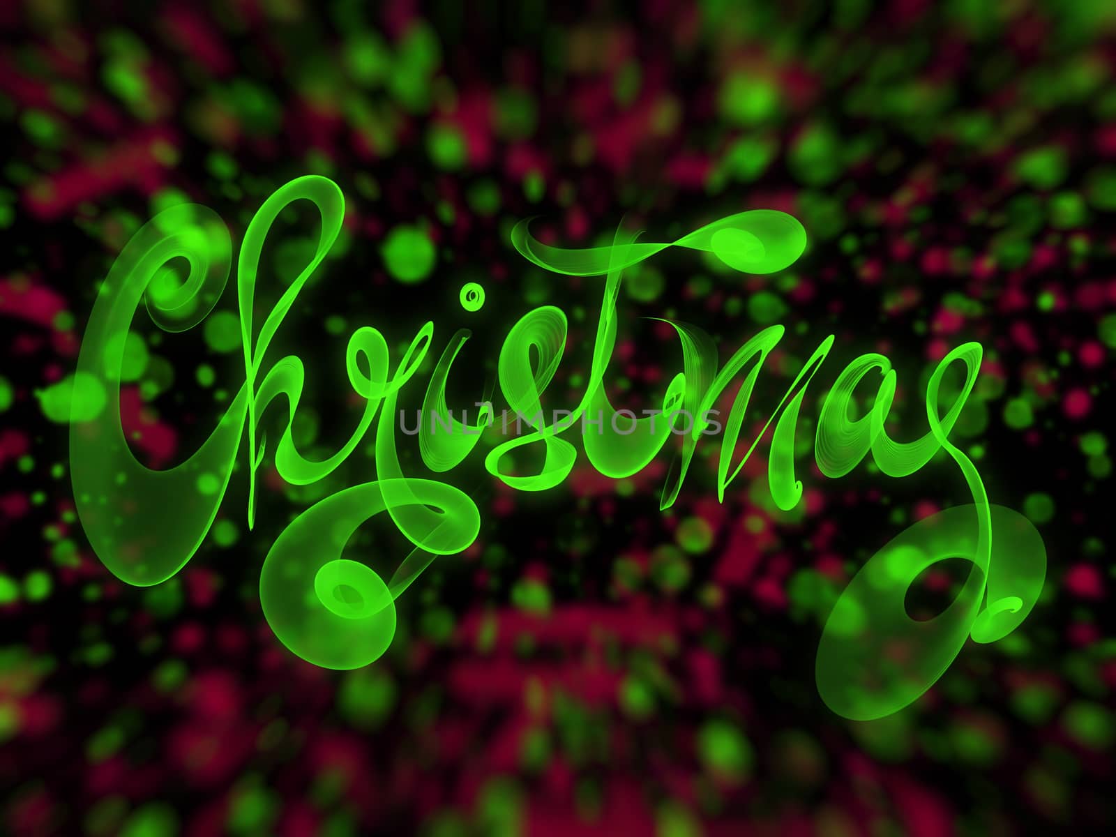 Christmas word lettering written with green fire flame or smoke on blurred bokeh background.