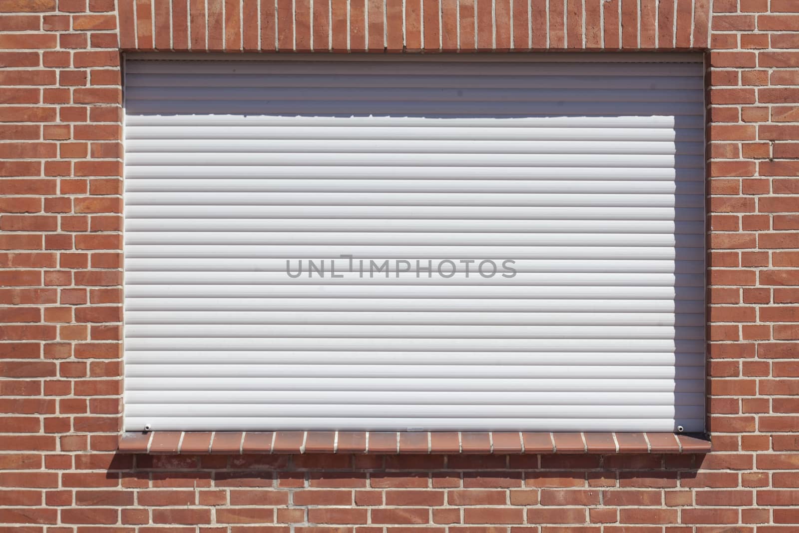Windows with closed shutters on a red House Wall