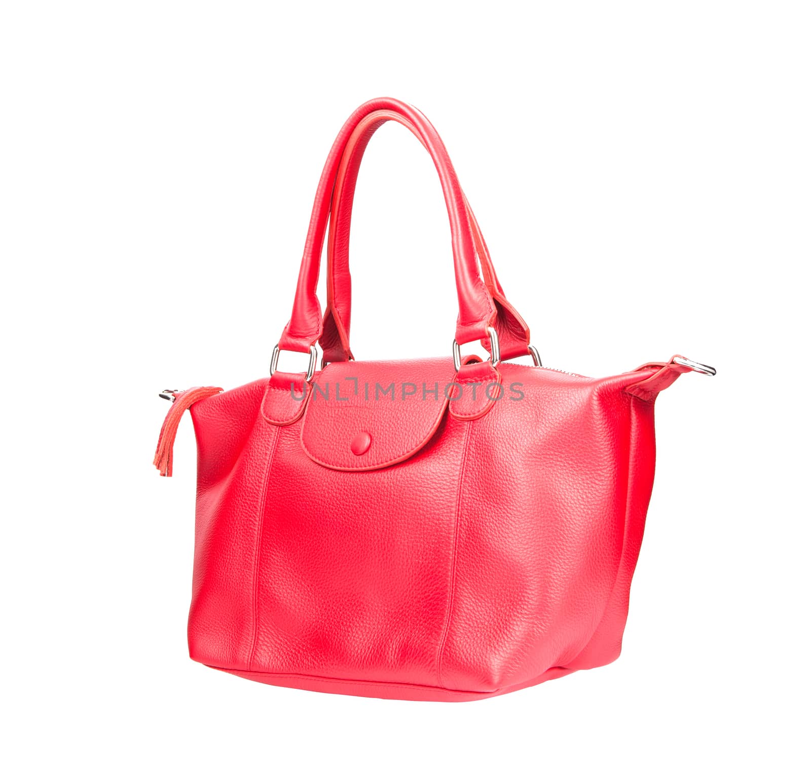 beautiful color of pink leather fashion hand bag isolated white  by khunaspix