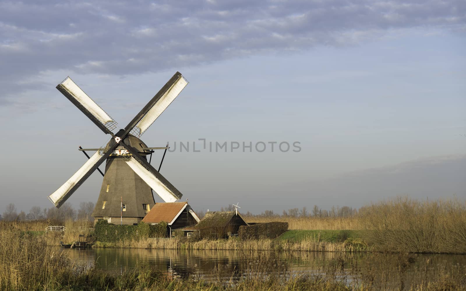 UNESCO World Heritage windmills in Kinderdijk in Holland europe, windmills at the water with reflection and twilight